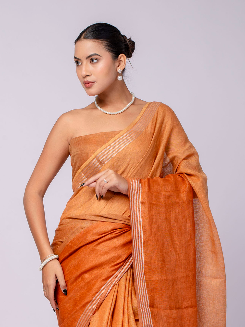 Rust Orange Cross Dyed Pure Linen Saree with Blouse