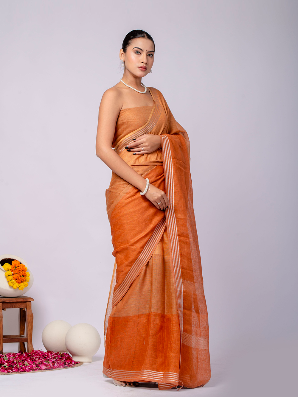 Rust Orange Cross Dyed Pure Linen Saree with Blouse
