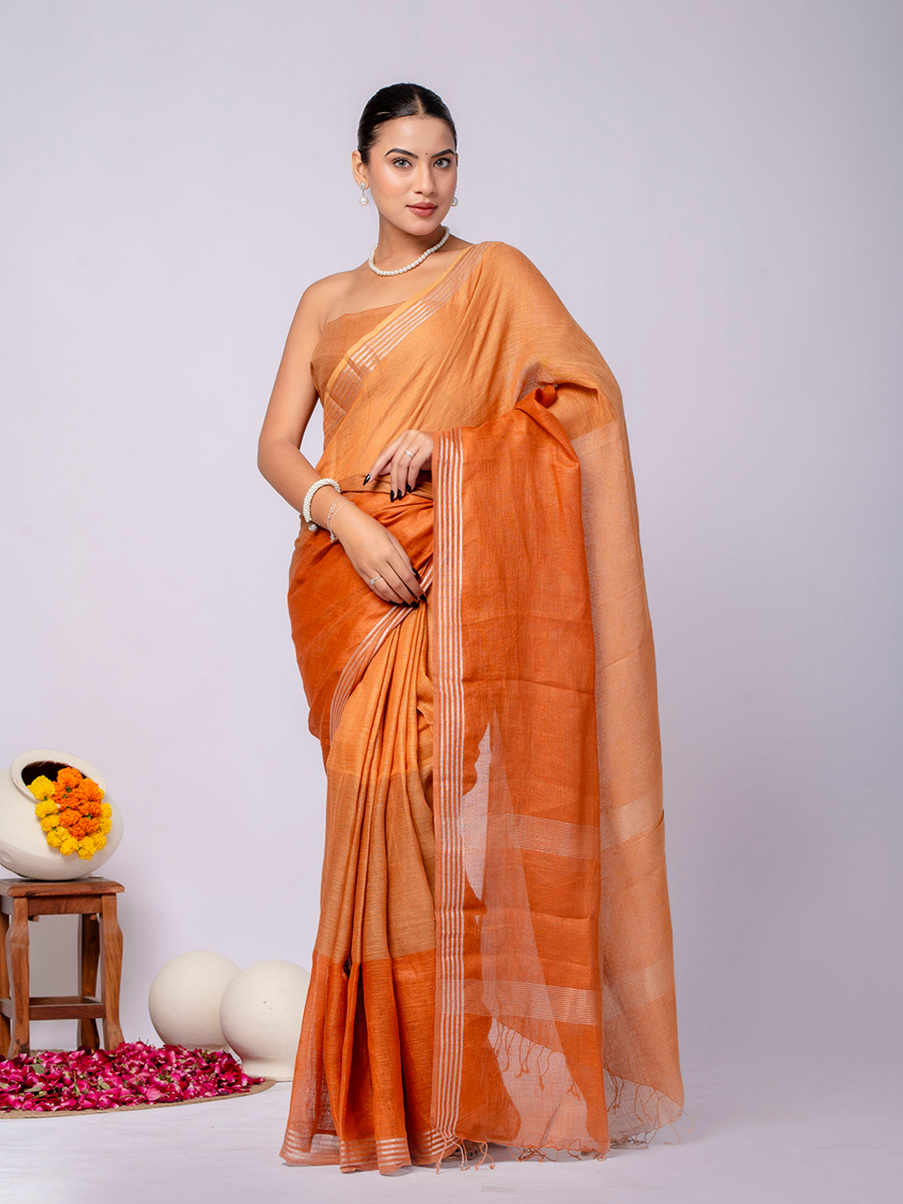 Rust Orange Cross Dyed Pure Linen Saree with Blouse