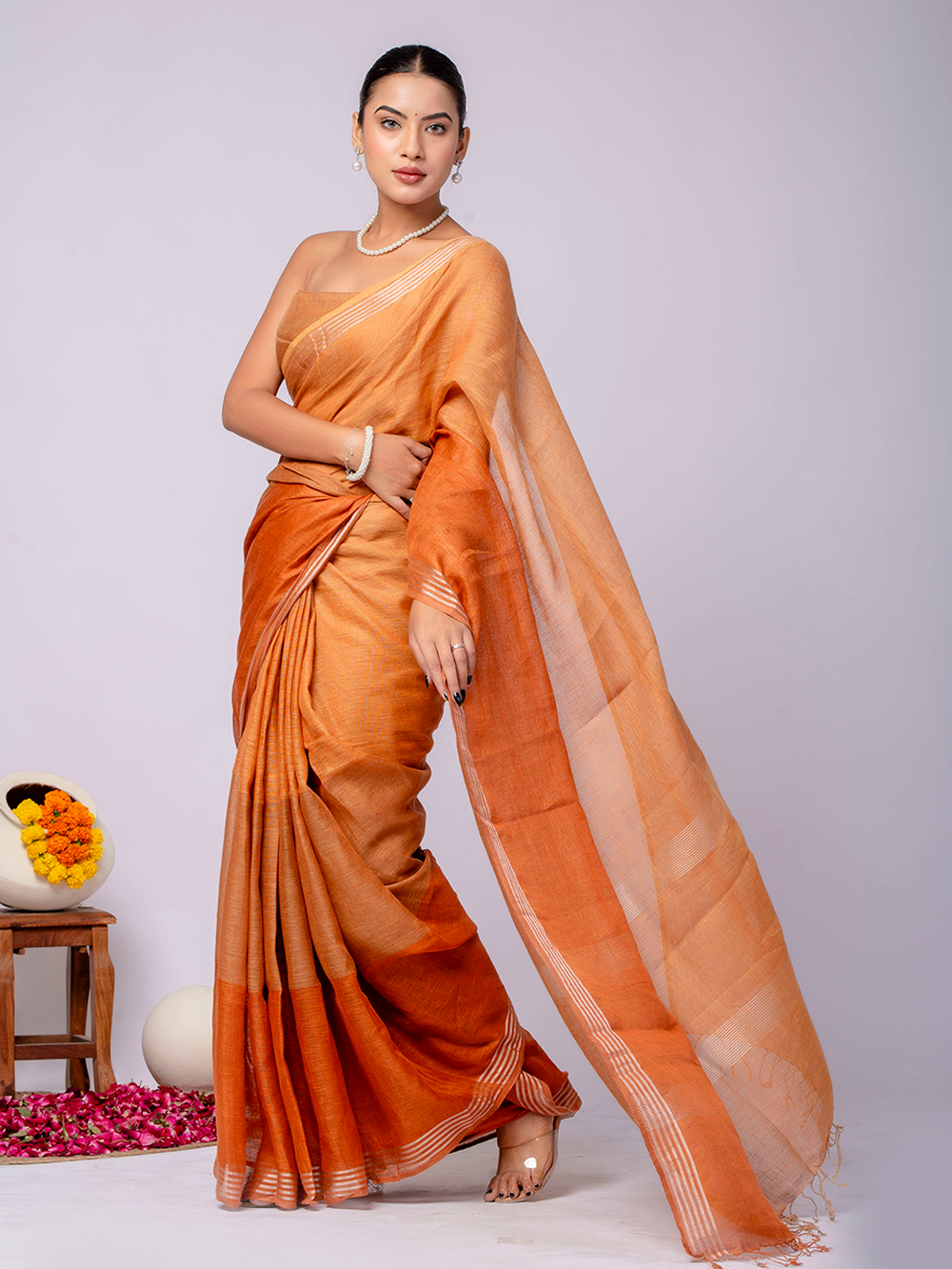 Rust Orange Cross Dyed Pure Linen Saree with Blouse