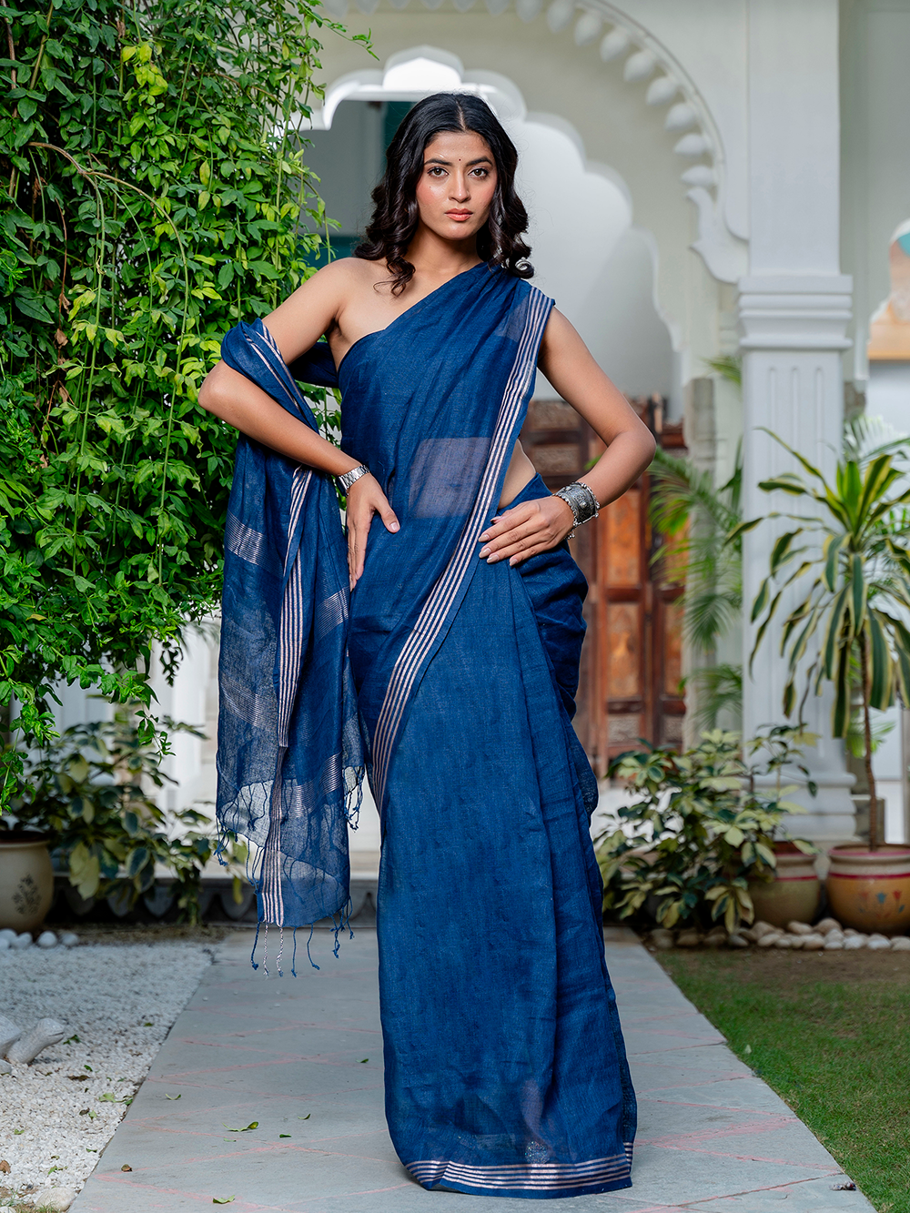 Midnight Blue Cross Dyed Pure Linen Saree with Blouse