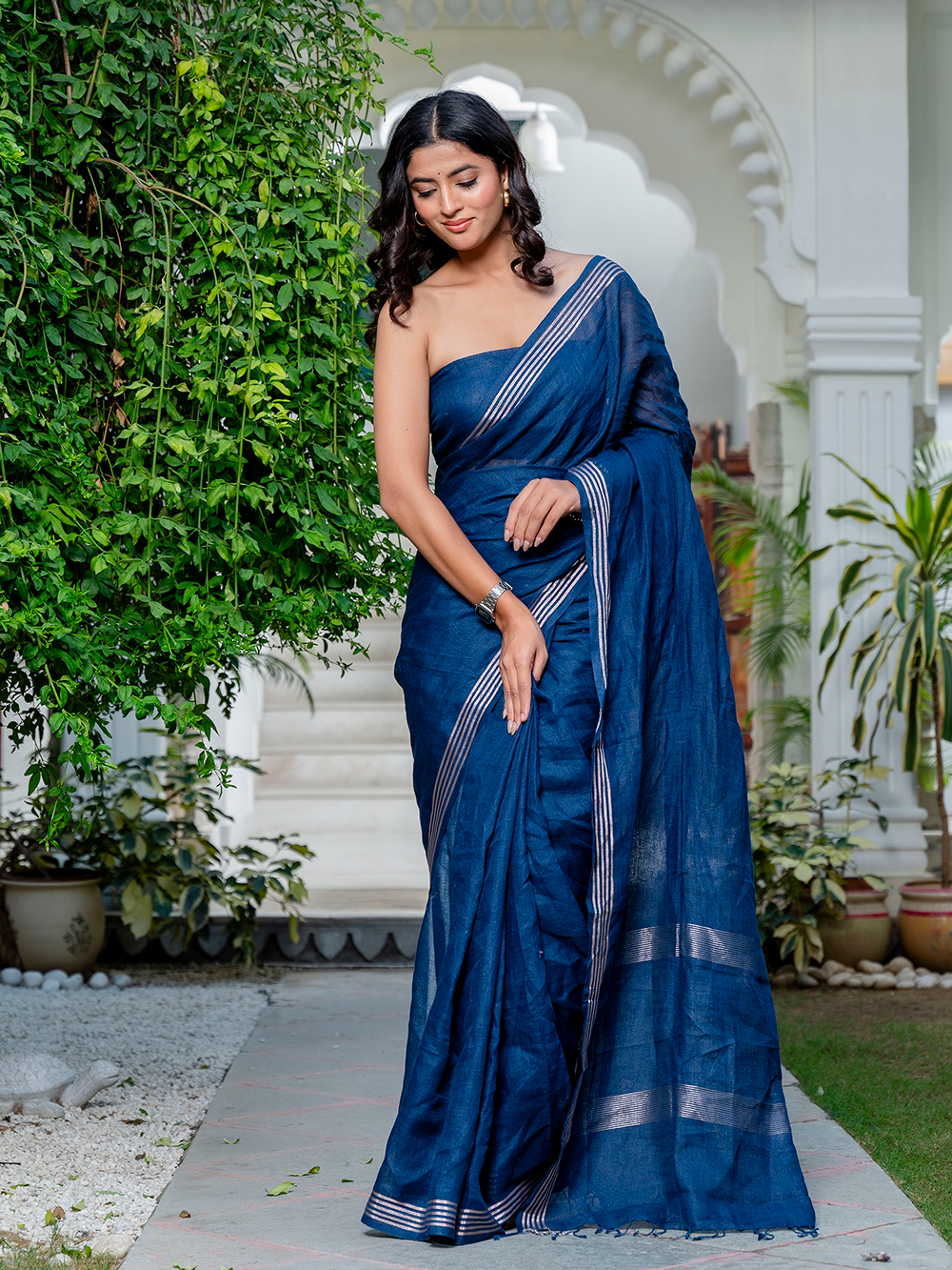 Midnight Blue Cross Dyed Pure Linen Saree with Blouse
