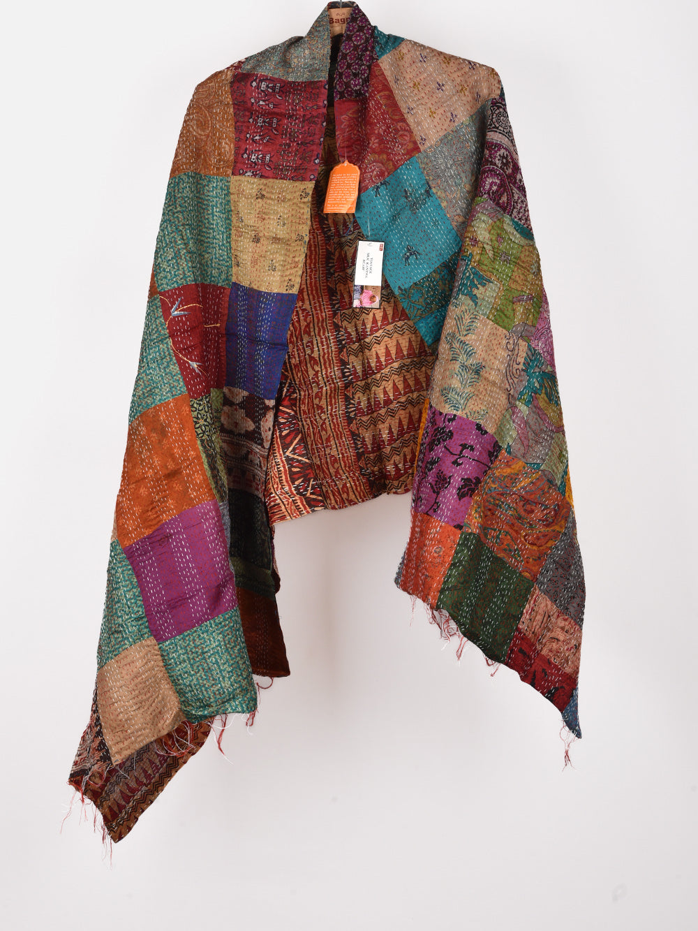 Aztec Trikon Pre-Loved Silk Sarees Kantha Patchwork Stole
