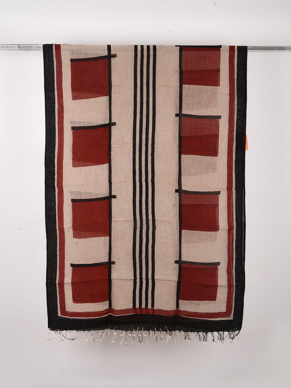 Bagru Red Squares Hand Printed Pure Linen Dupatta