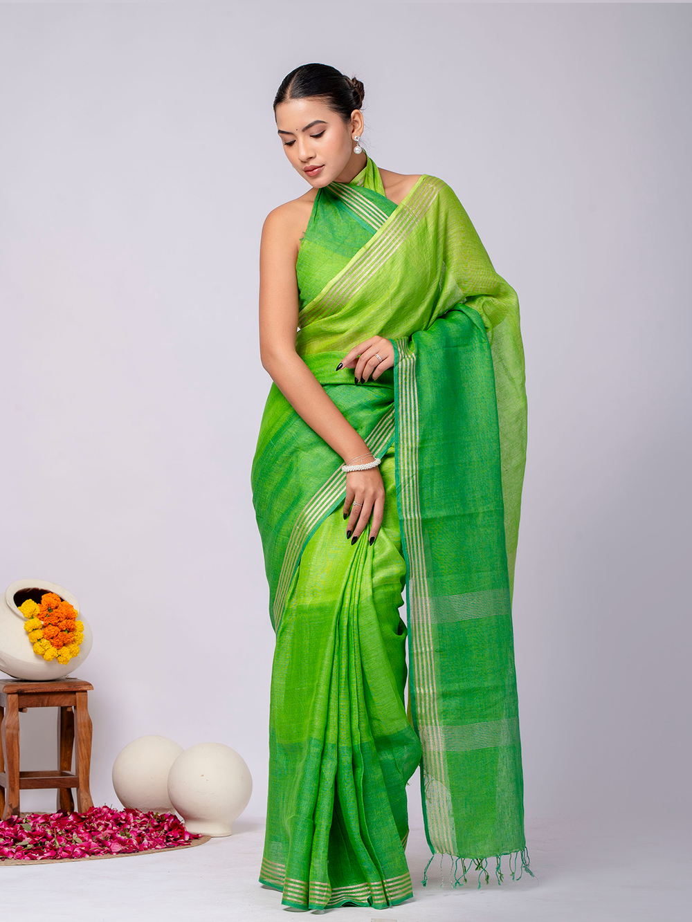 Fresh Green Cross Dyed Pure Linen Saree with Blouse