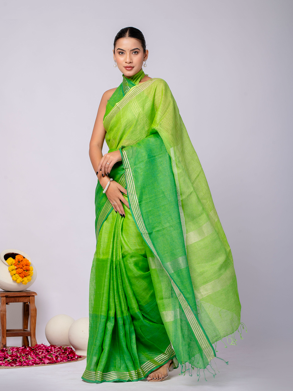 Fresh Green Cross Dyed Pure Linen Saree with Blouse