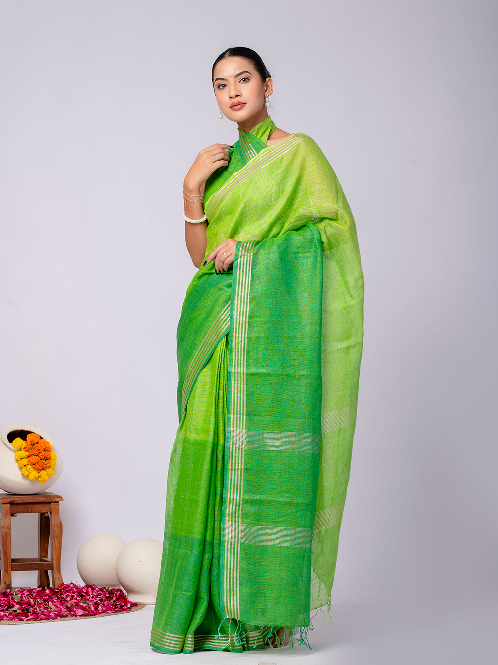 Fresh Green Cross Dyed Pure Linen Saree with Blouse