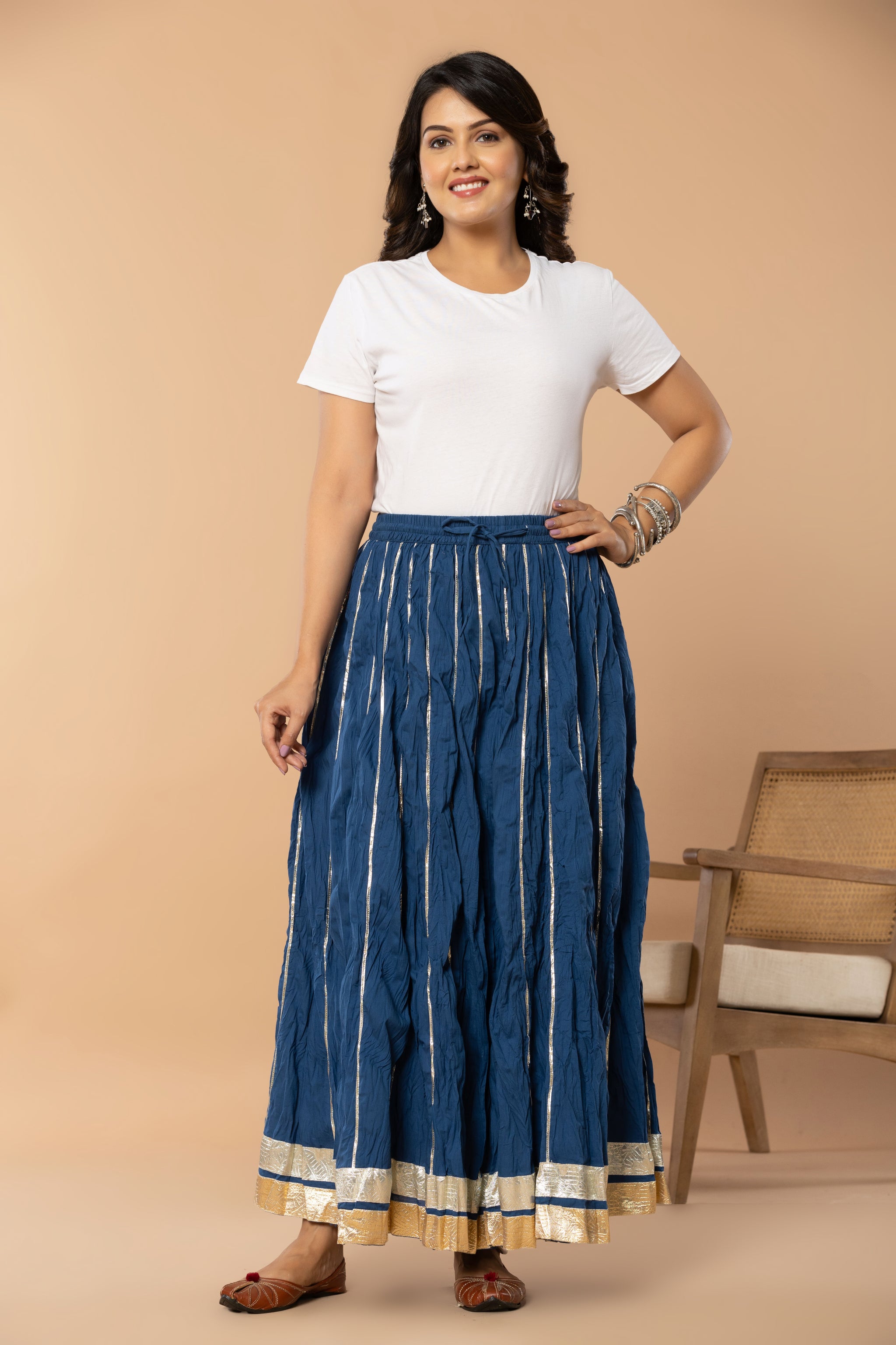 Plain Dyed Black with Kalamkari Border Crinkled Cotton 28 Kali Kalidaar Skirt main image 1