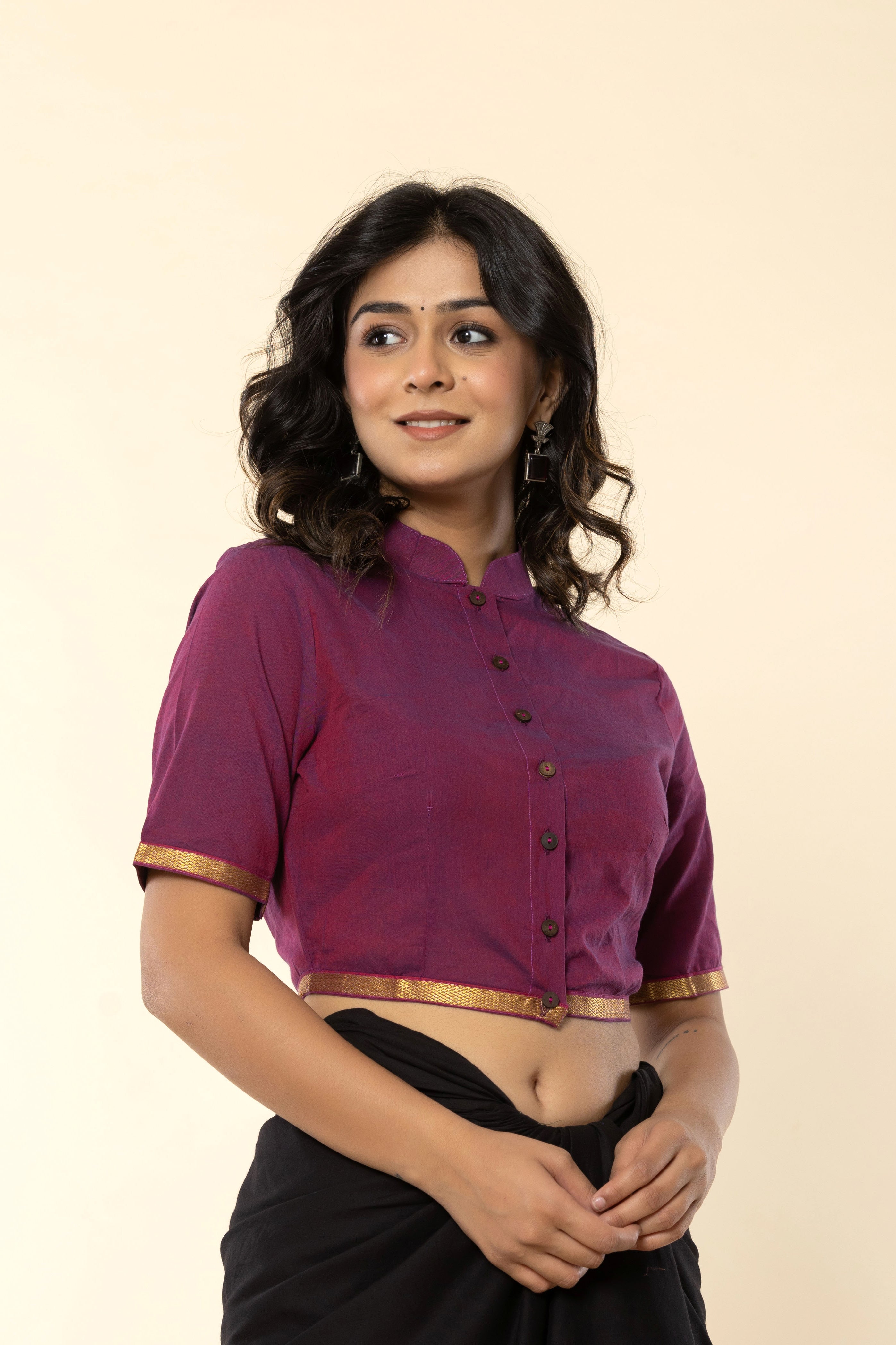 Purplish Mandarin Collar Cotton Blouse