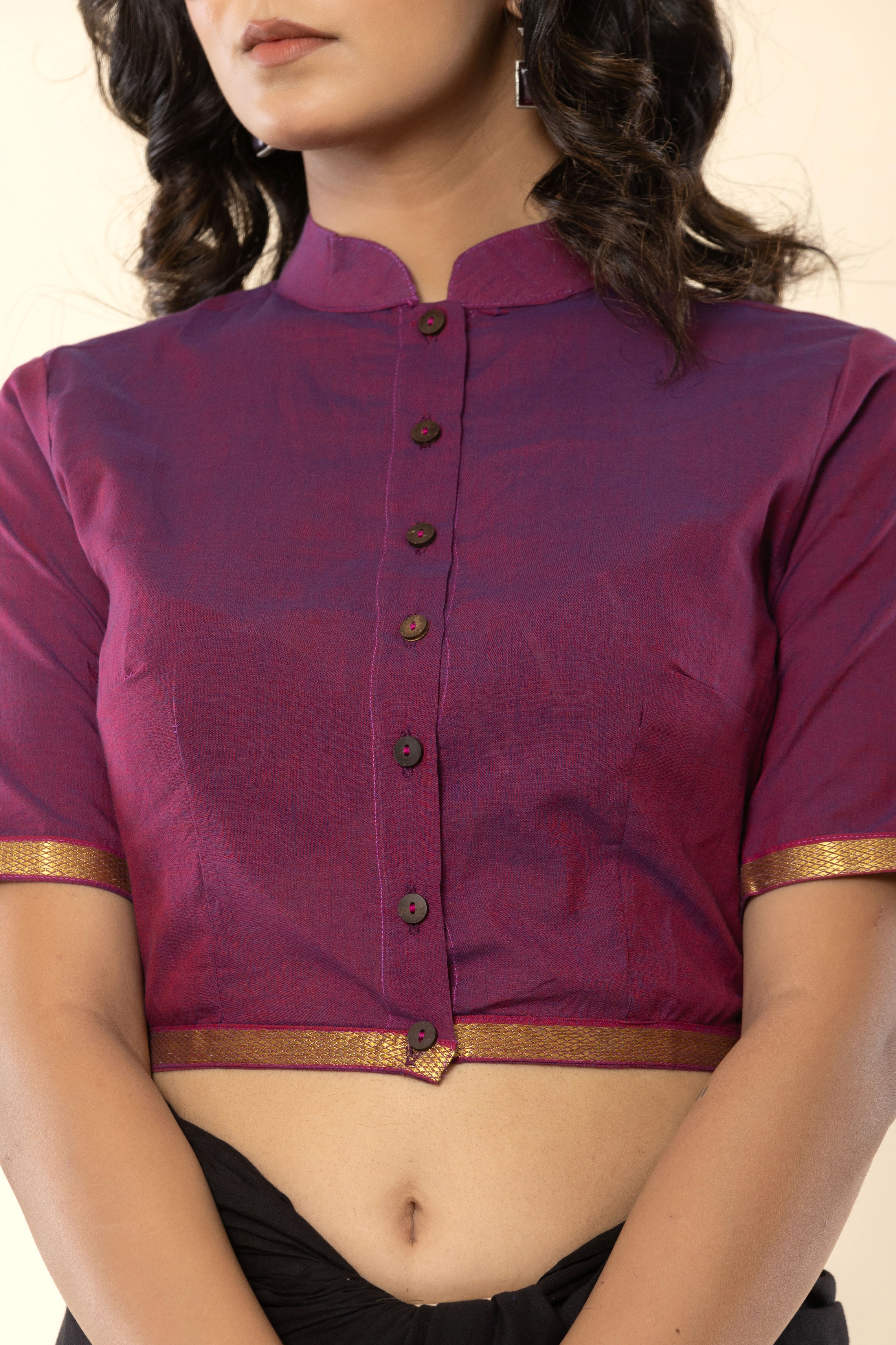 Purplish Mandarin Collar Cotton Blouse