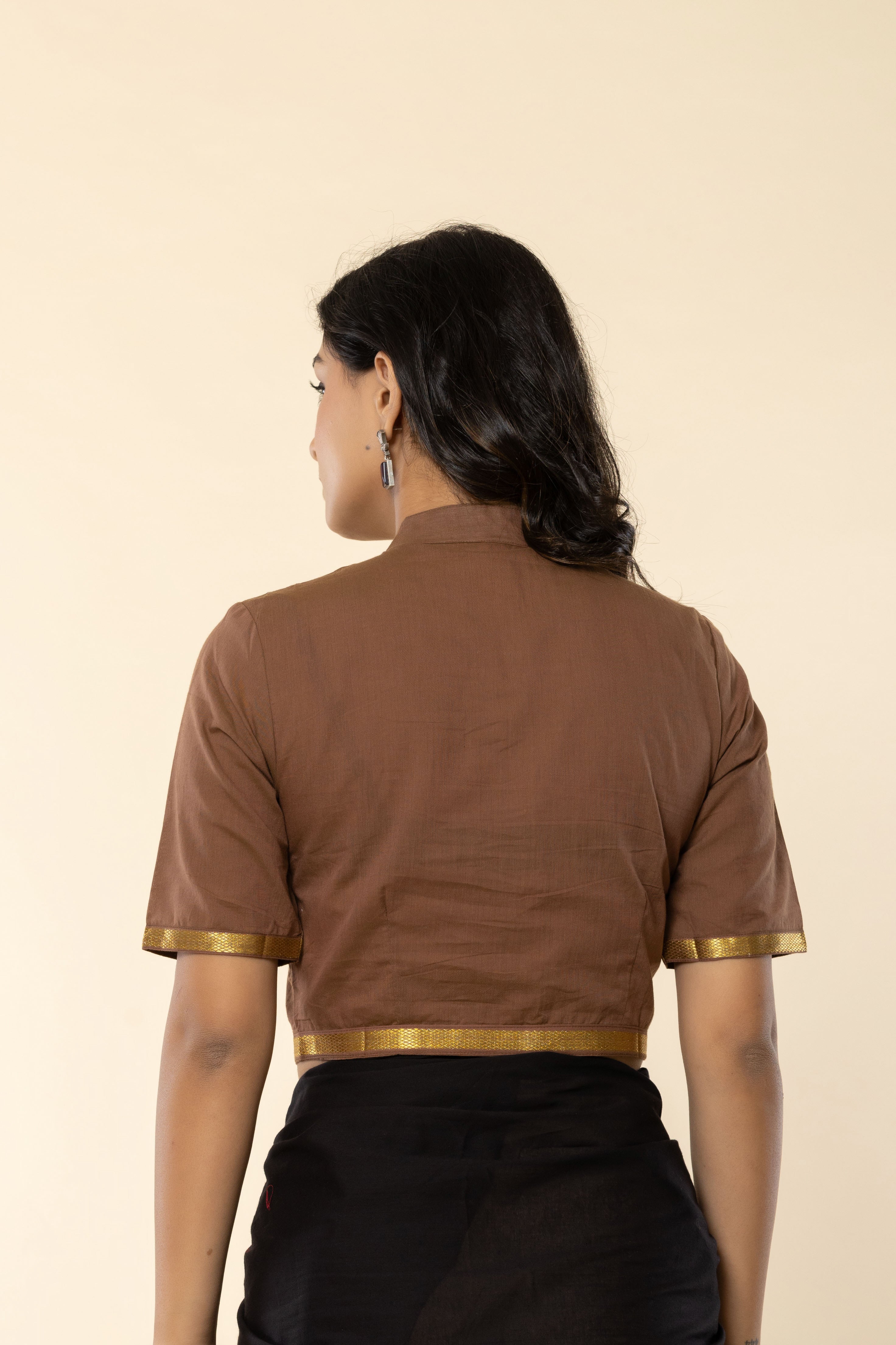 Muddy Brown Mandarin Collar Mangalgiri Cotton Blouse