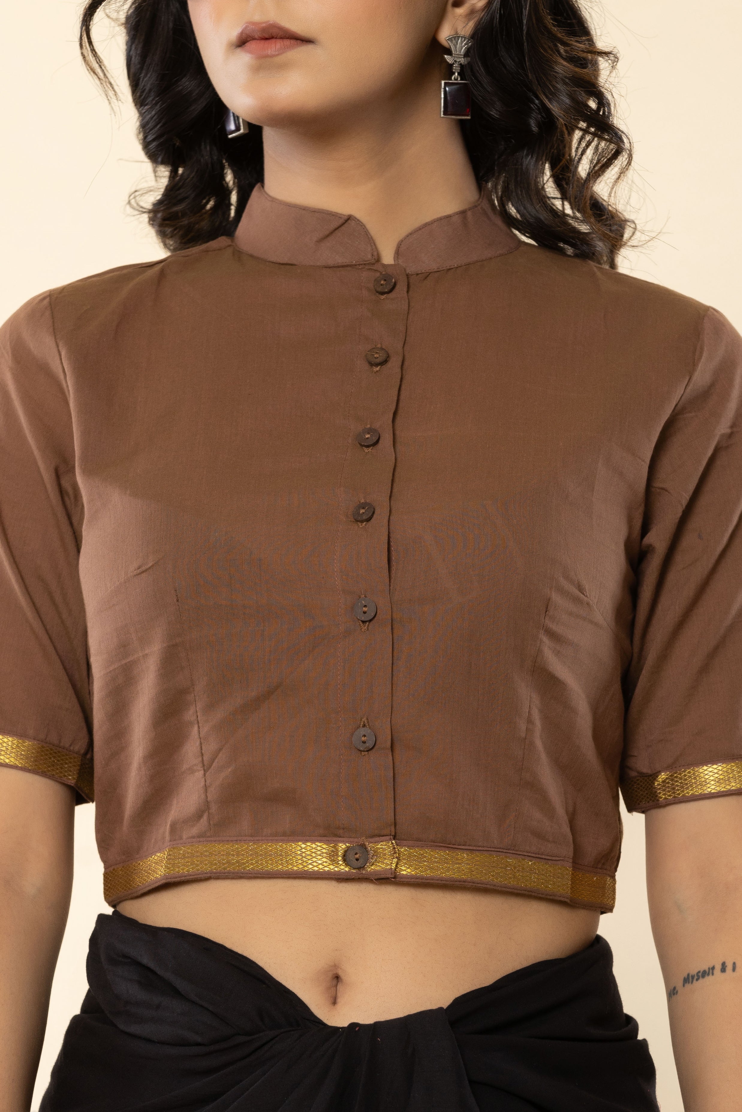 Muddy Brown Mandarin Collar Mangalgiri Cotton Blouse