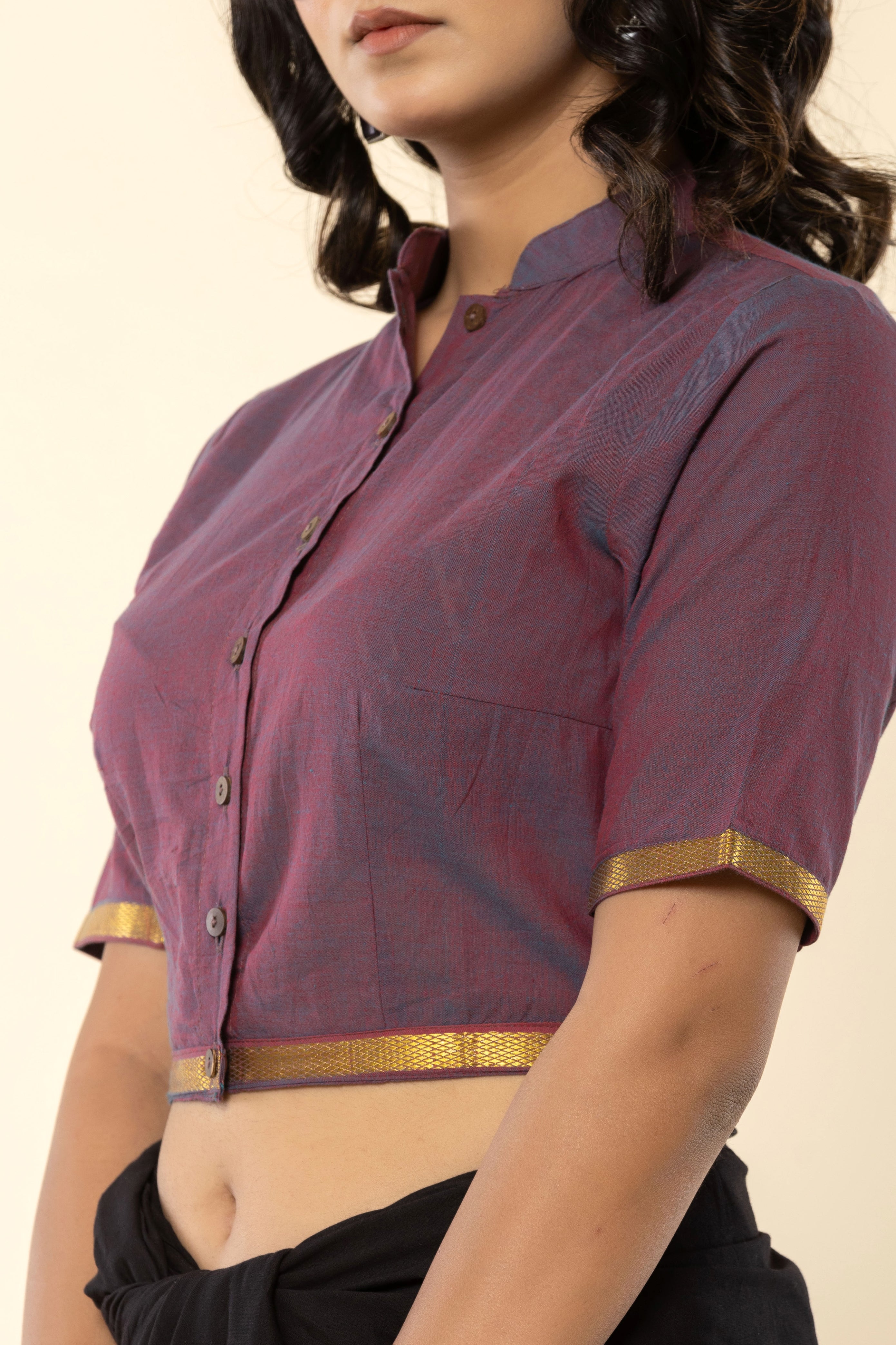 Red Blue Mandarin Collar Mangalgiri Cotton Blouse