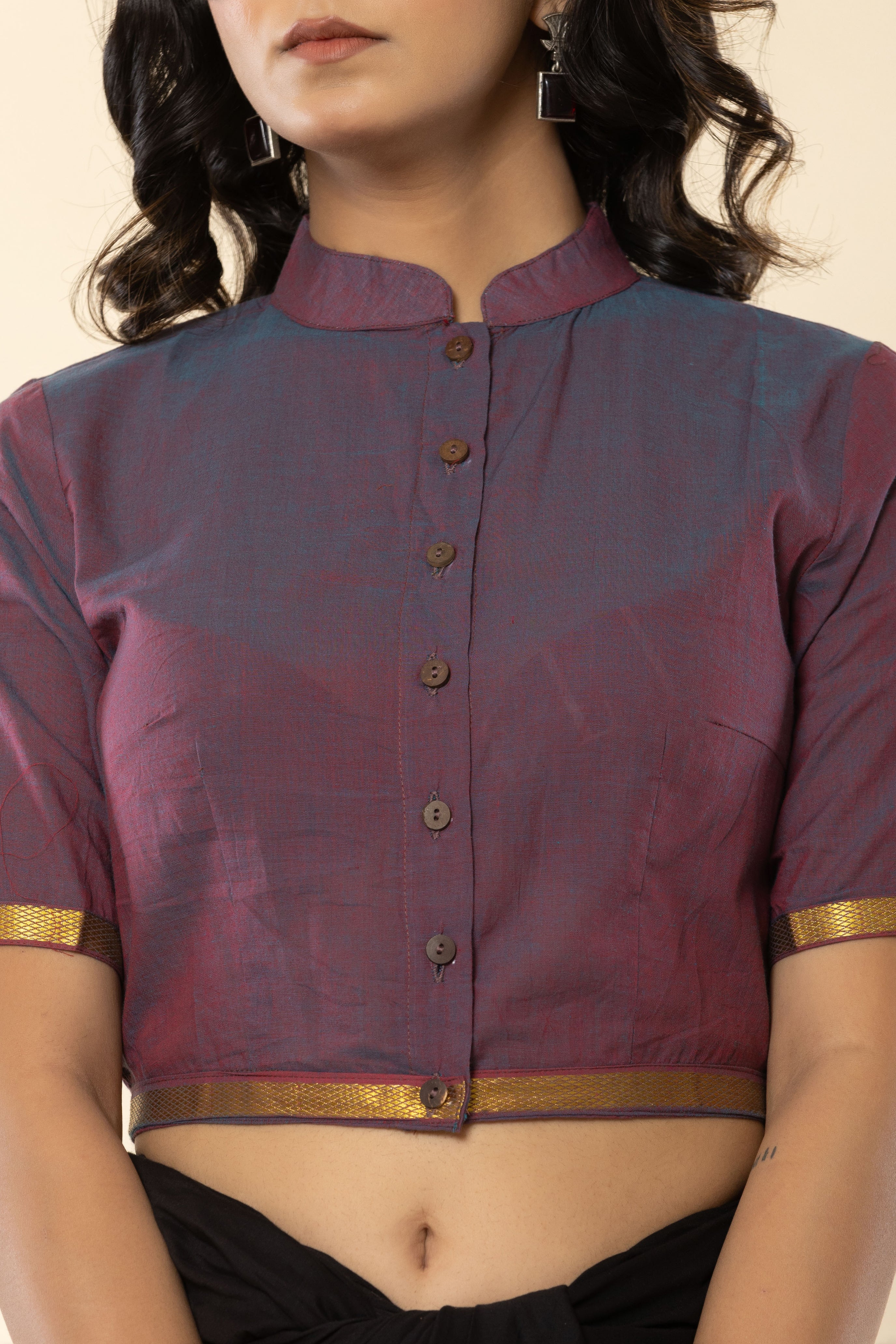 Red Blue Mandarin Collar Mangalgiri Cotton Blouse