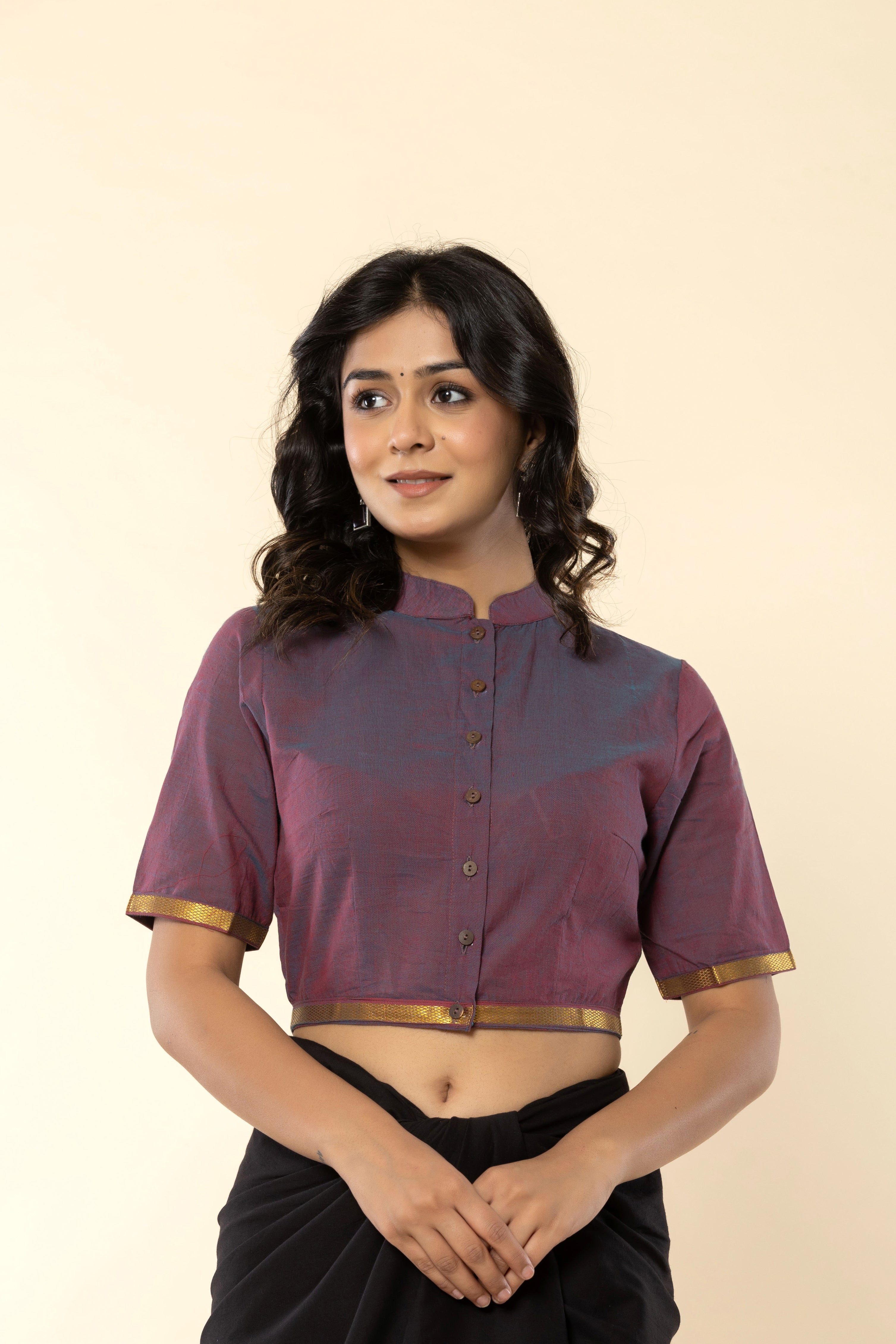 Red Blue Mandarin Collar Mangalgiri Cotton Blouse