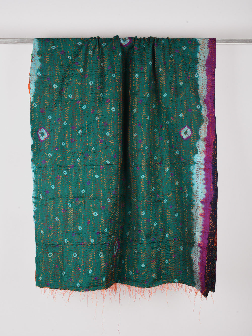 Teal Bandhini Pre-Loved Silk Sarees Kantha Patchwork Stole