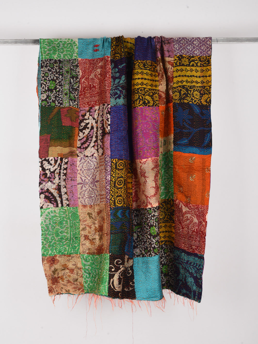 Teal Bandhini Pre-Loved Silk Sarees Kantha Patchwork Stole