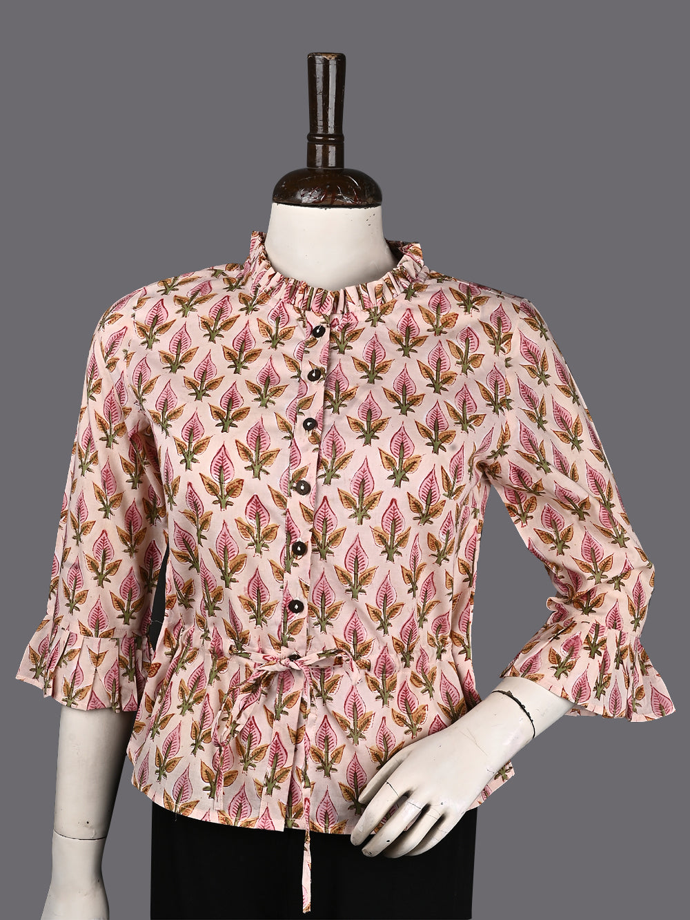 Pastel Pink Leafy Booti Hand Block Printed Cotton Long Blouse