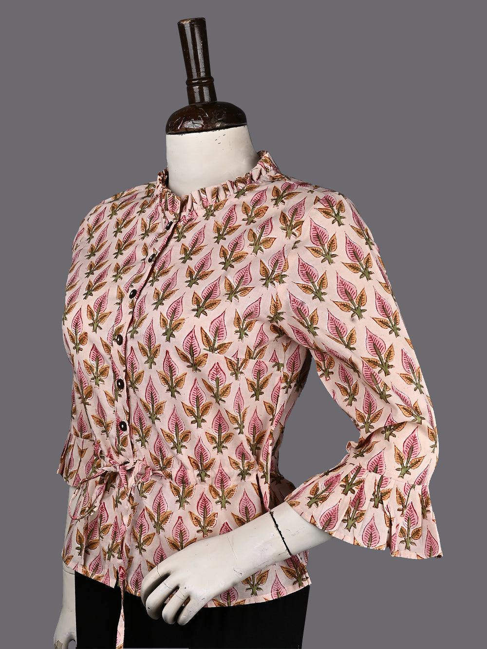 Pastel Pink Leafy Booti Hand Block Printed Cotton Long Blouse