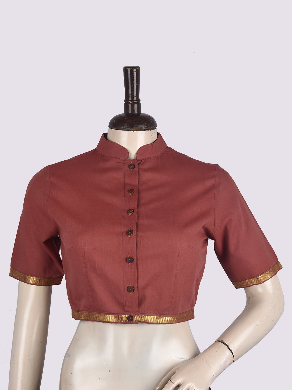Dusty Red Mandarin Collar Mangalgiri Cotton Blouse