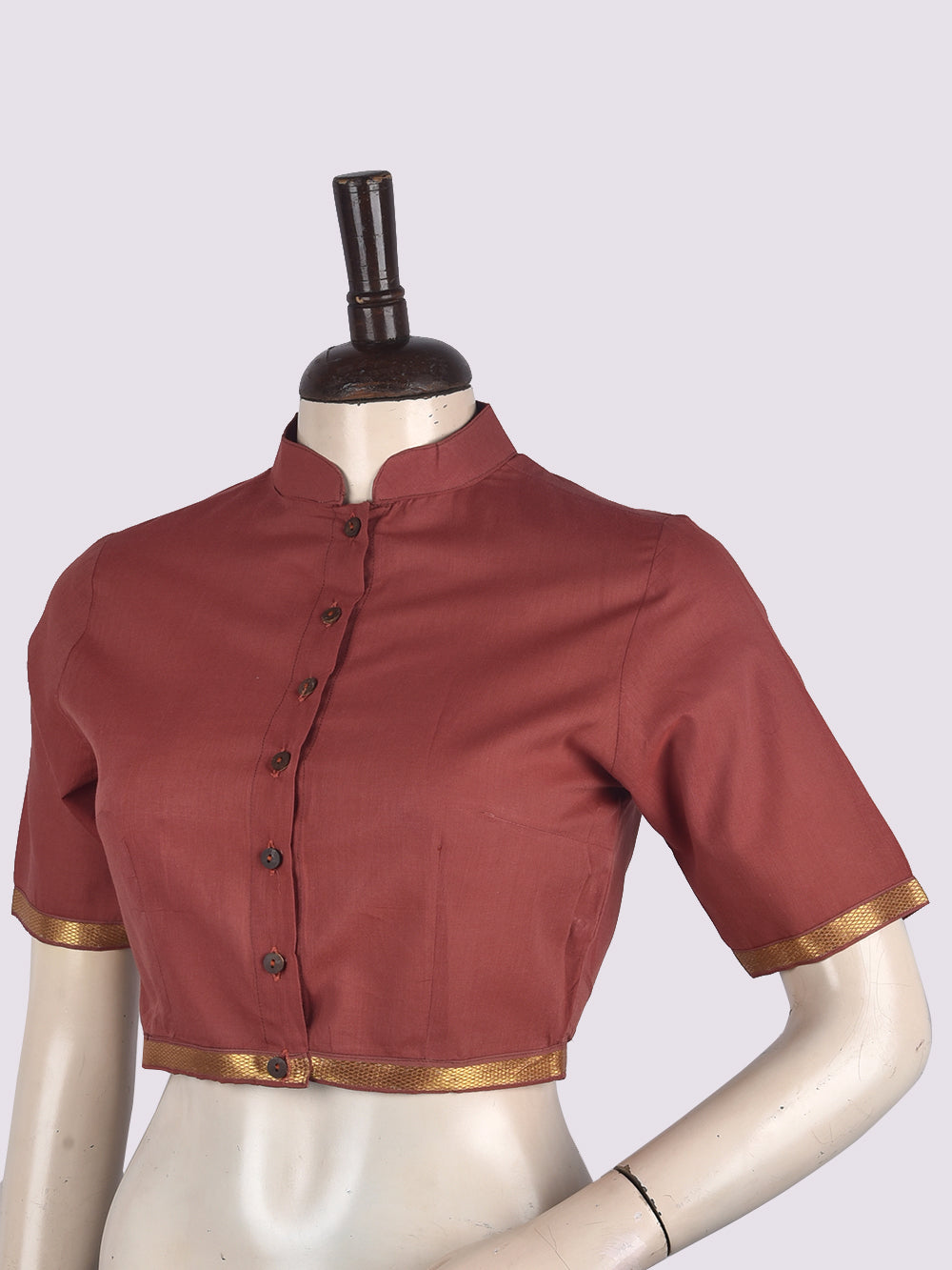 Dusty Red Mandarin Collar Mangalgiri Cotton Blouse