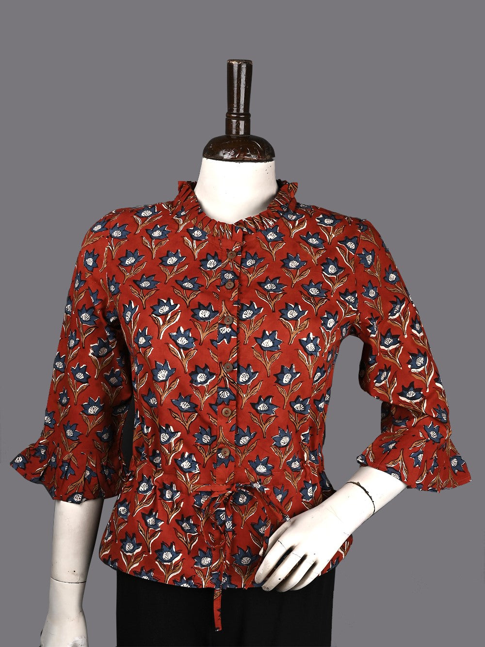 Bagru Red Booti Hand Block Printed Cotton Long Blouse