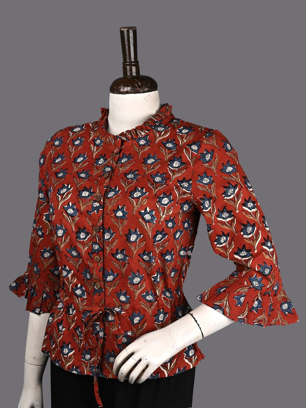 Bagru Red Booti Hand Block Printed Cotton Long Blouse
