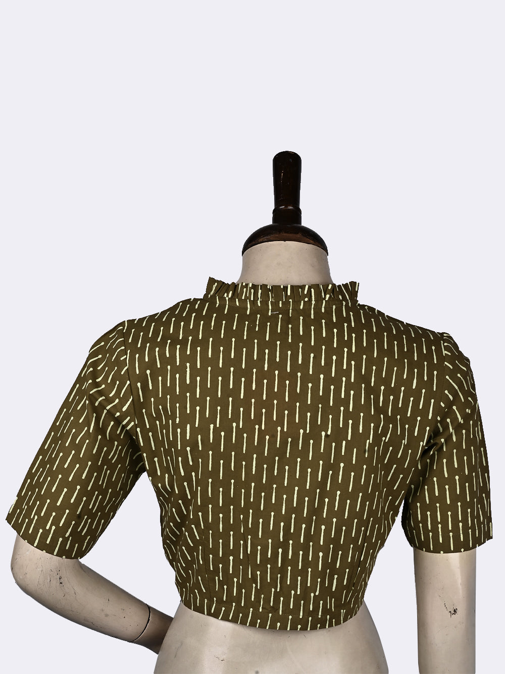 Mehendi Green Teeny Ties Frill Collar Hand Block Printed Cotton Blouse