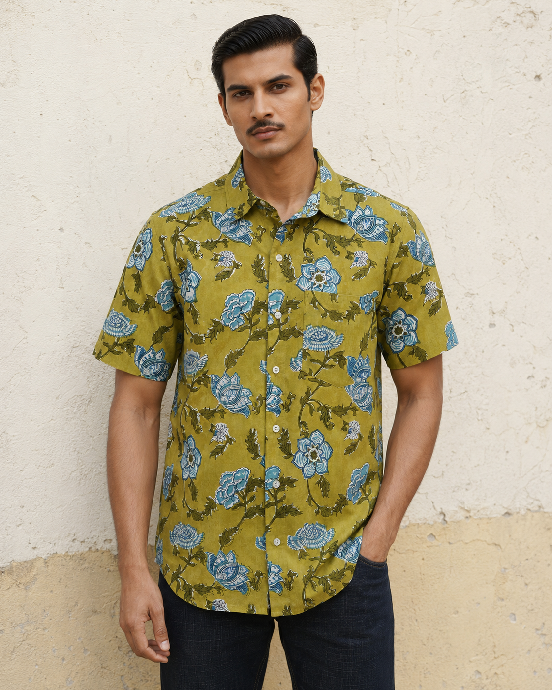 Green Gulbahar Cotton Mens Half Sleeve Shirts