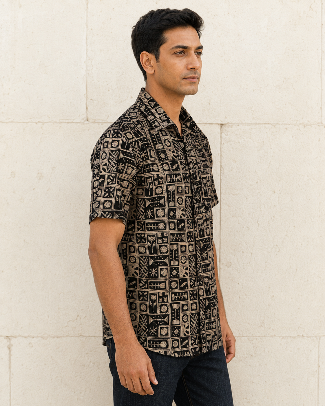 Bagru Black Lotus Cotton Mens Half Sleeve Shirts
