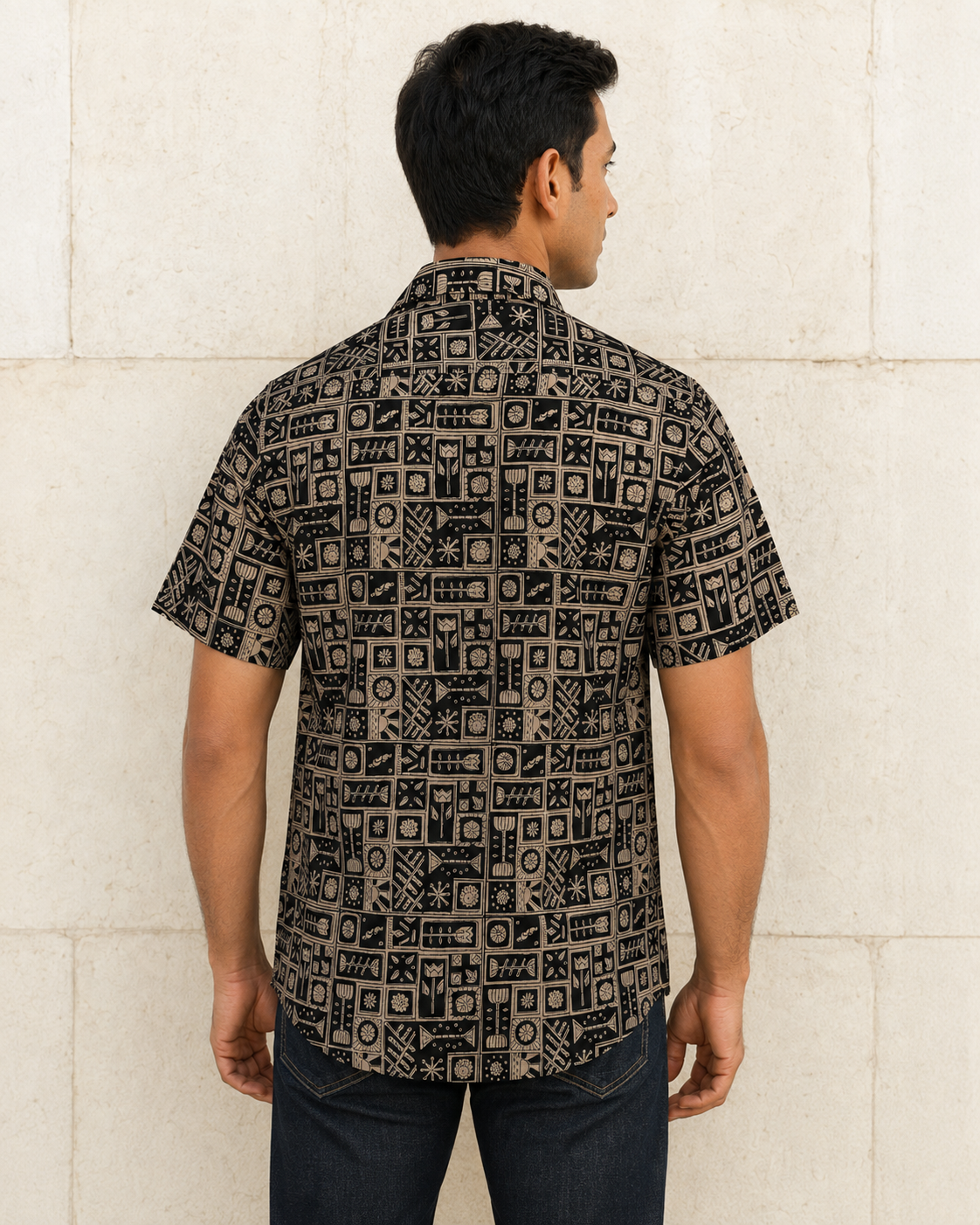 Bagru Black Lotus Cotton Mens Half Sleeve Shirts