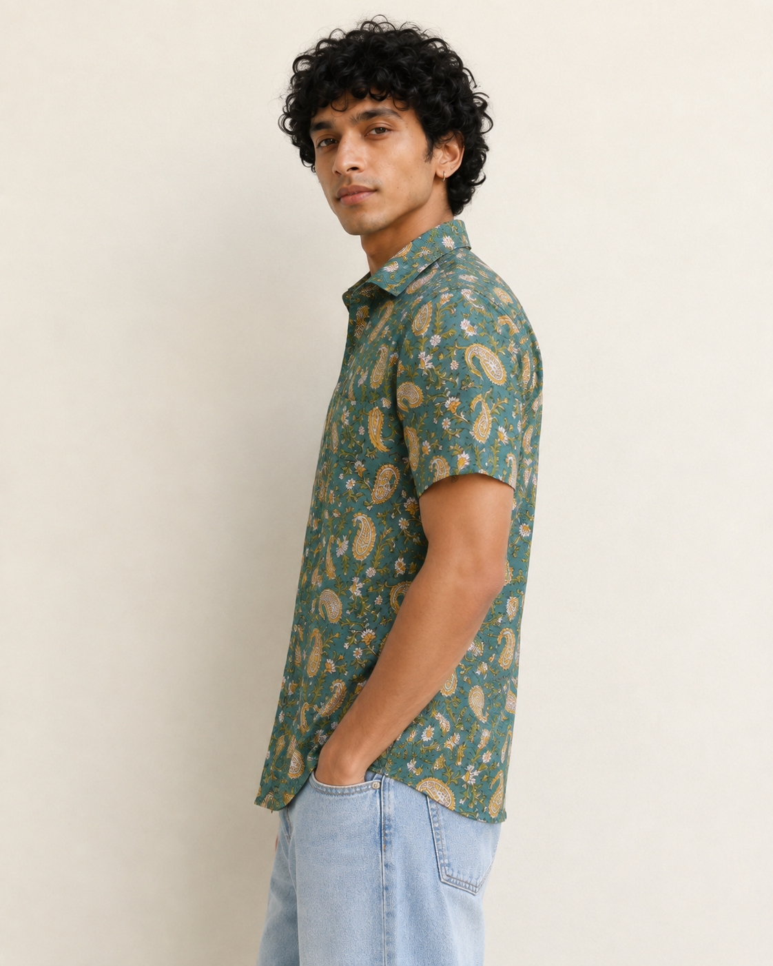 Green Paisley Cotton Mens Half Sleeve Shirts