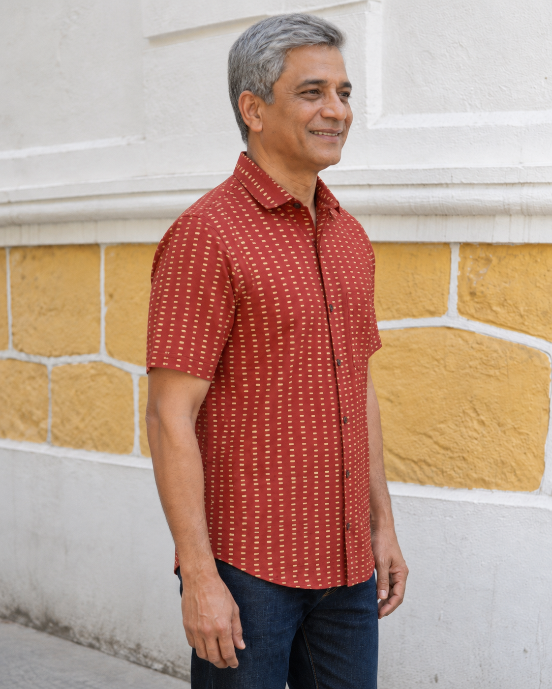 Red Dashes Cotton Mens Half Sleeve Shirts