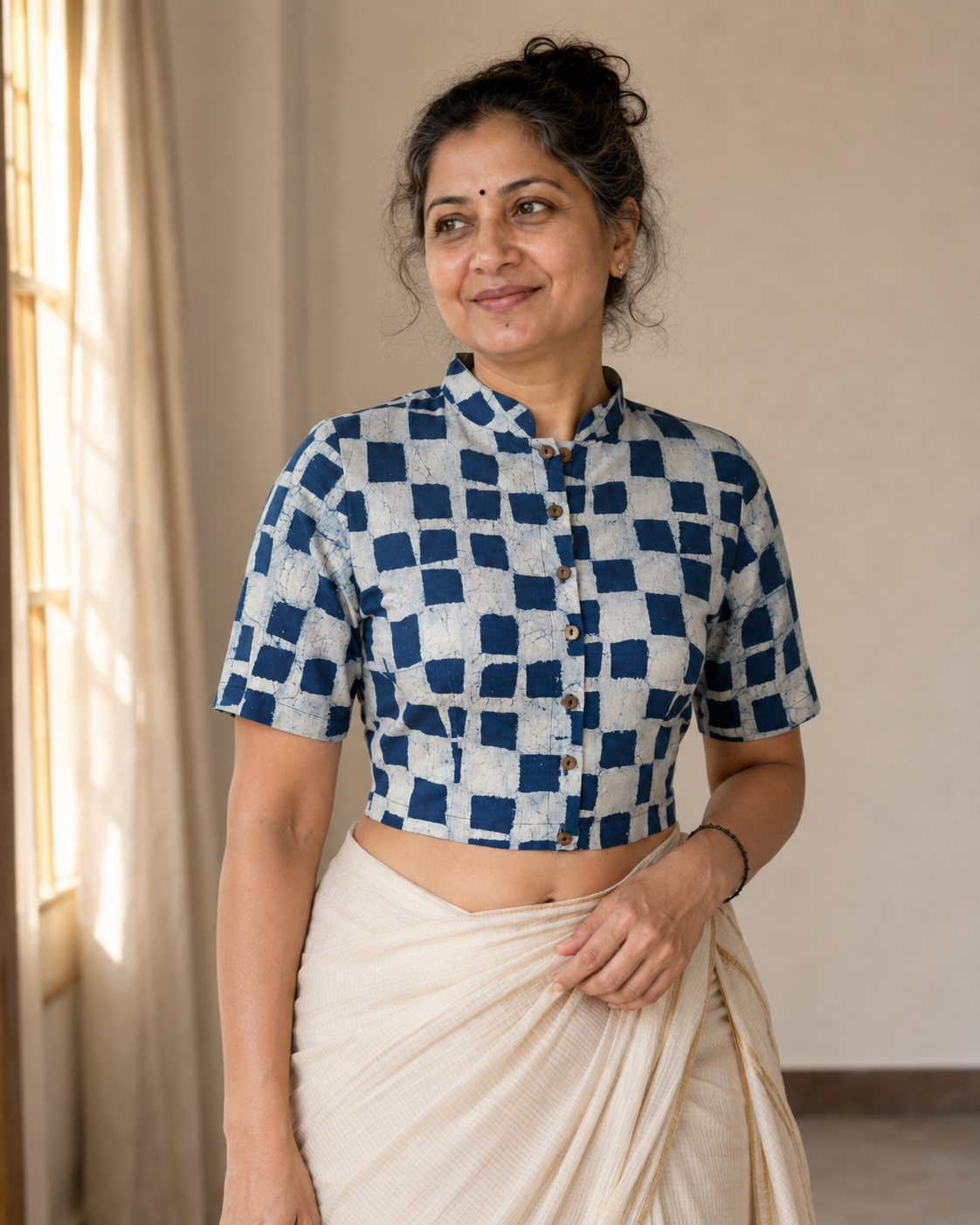 Indigo Daboo Pixelated Print Hand Block Printed Cotton Blouse