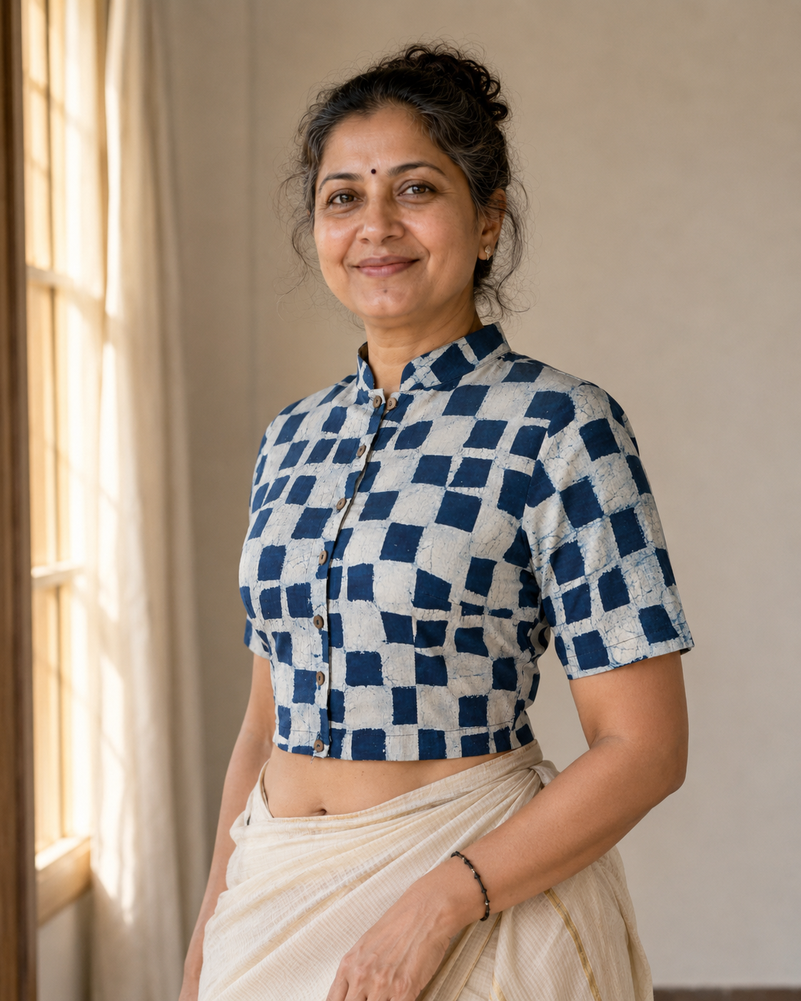 Indigo Daboo Pixelated Print Hand Block Printed Cotton Blouse
