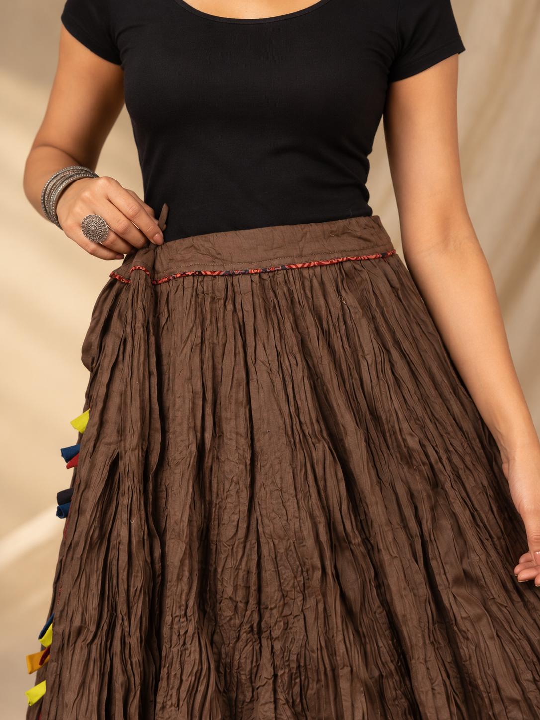 Brownish Grey Plain Dyed Crinkled Cotton Mul mul 100 Kali Kalidaar Skirt