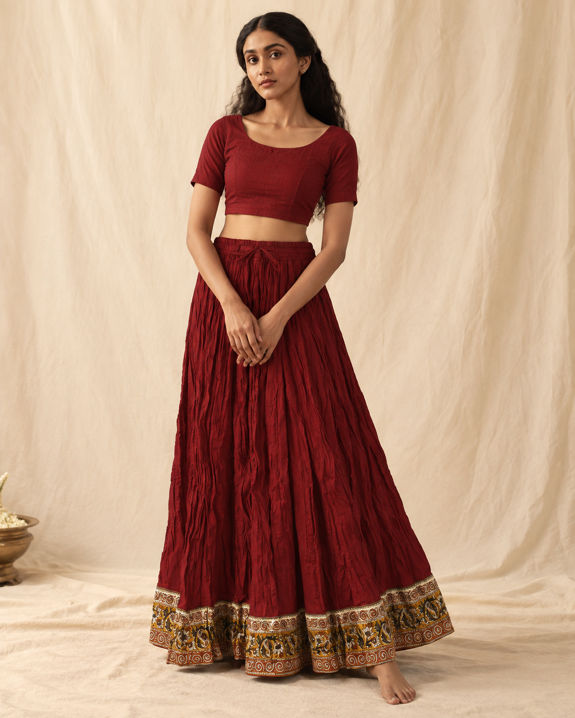 Plain Dyed Maroon with Kalamkari Border Crinkled Cotton 28 Kali Kalidaar Skirt