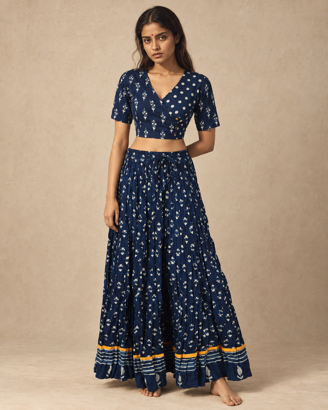 Daboo Indigo Abstract Hand Block Printed Crinkled Cotton 28 Kali Kalidaar Skirt