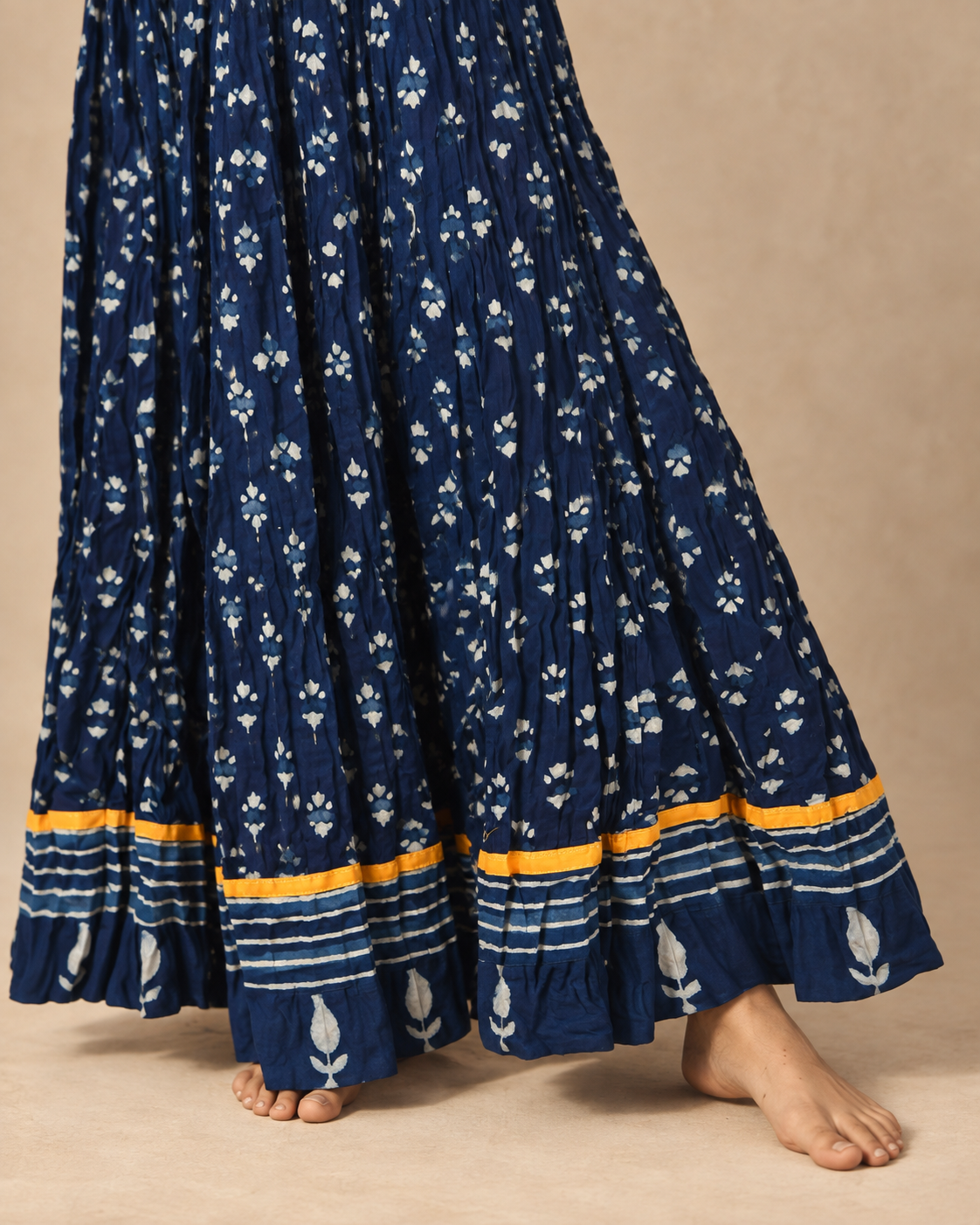 Daboo Indigo Abstract Hand Block Printed Crinkled Cotton 28 Kali Kalidaar Skirt