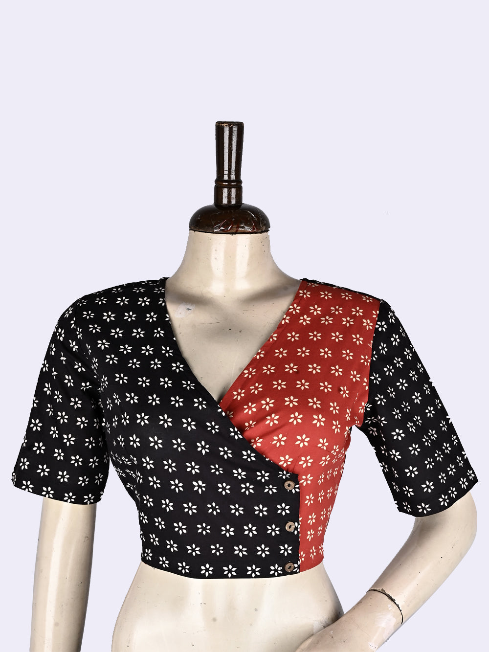 Red-Black Harsinghar Angrakha Hand Block Printed Cotton Blouse