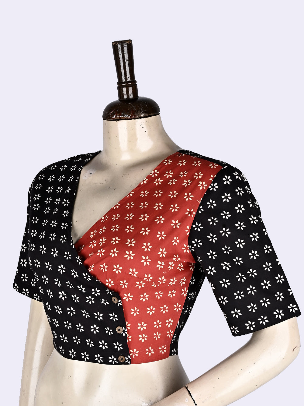 Red-Black Harsinghar Angrakha Hand Block Printed Cotton Blouse