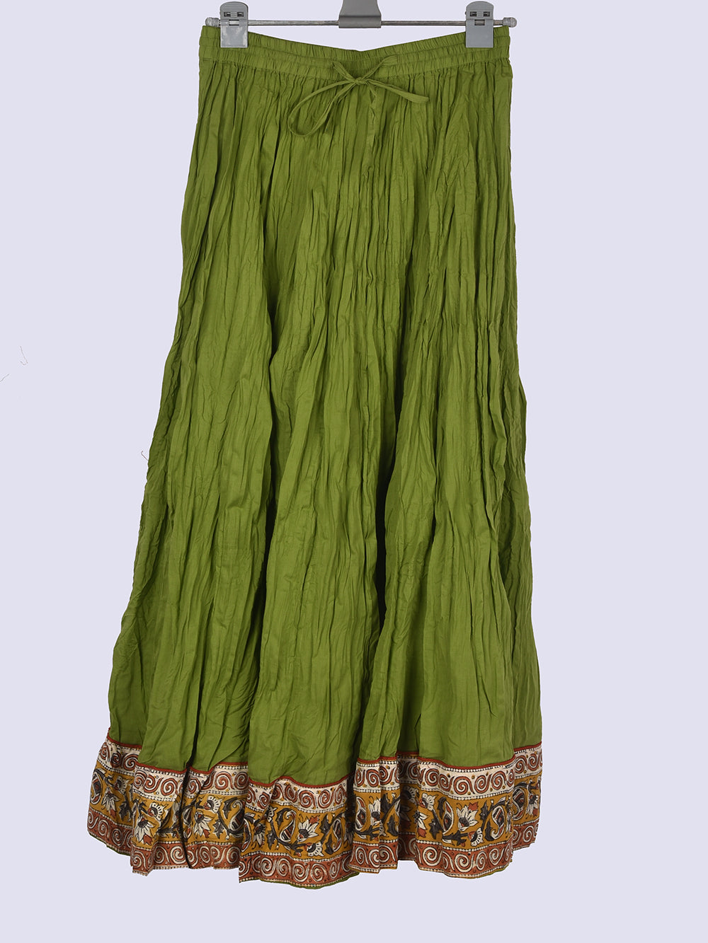 Plain Dyed Green with Kalamkari Border Crinkled Cotton 28 Kali Kalidaar Skirt