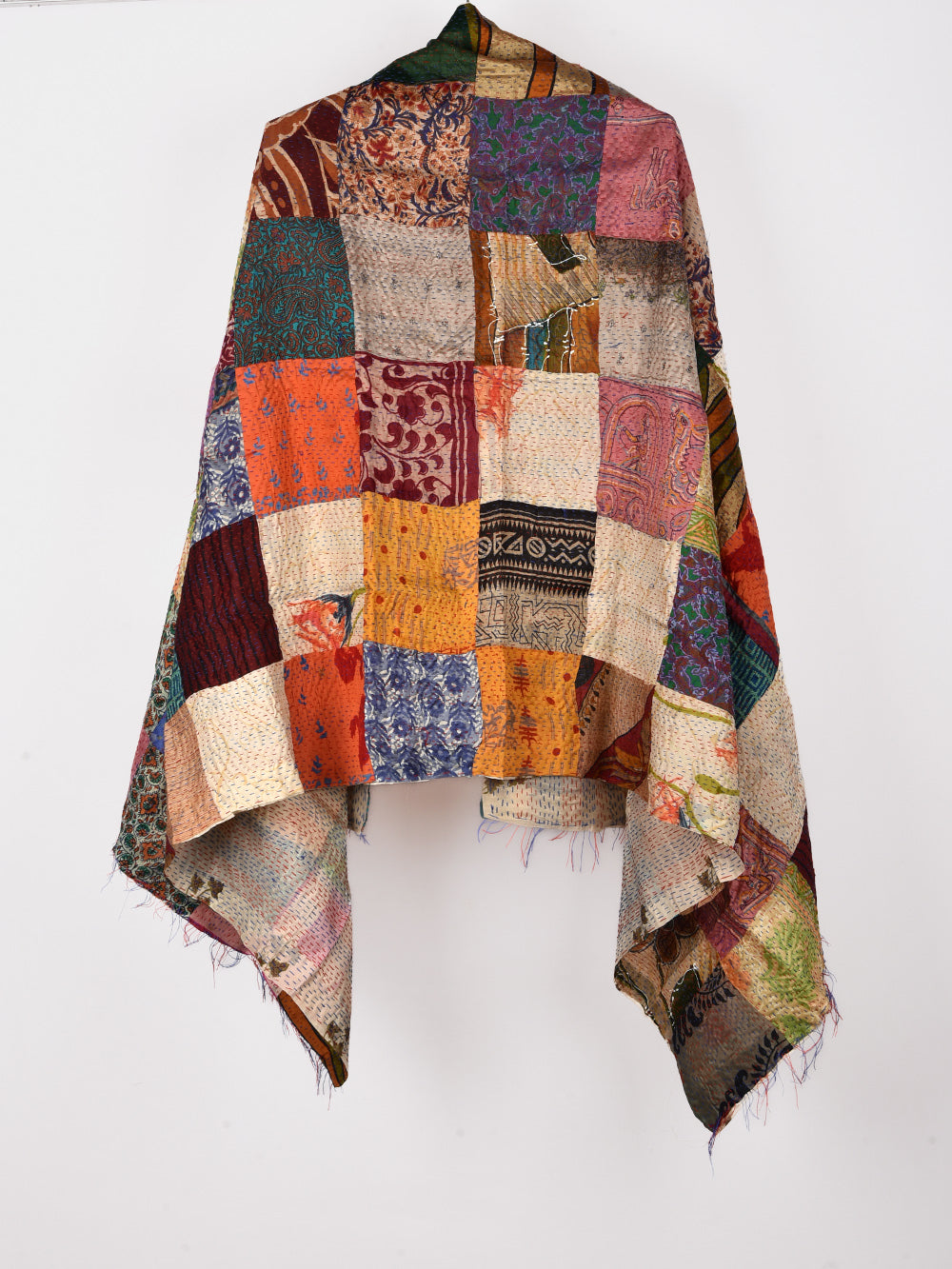 Natural Boota Pre-Loved Silk Sarees Kantha Patchwork Stole
