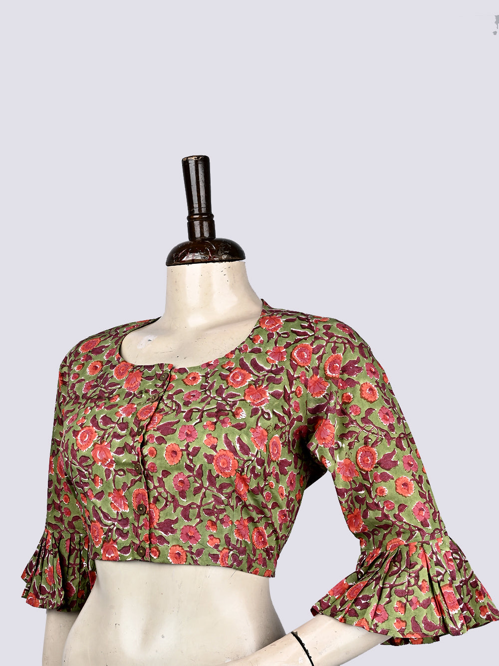 Sanganeri Green Floral Jaal Hand Block Printed Cotton Blouse