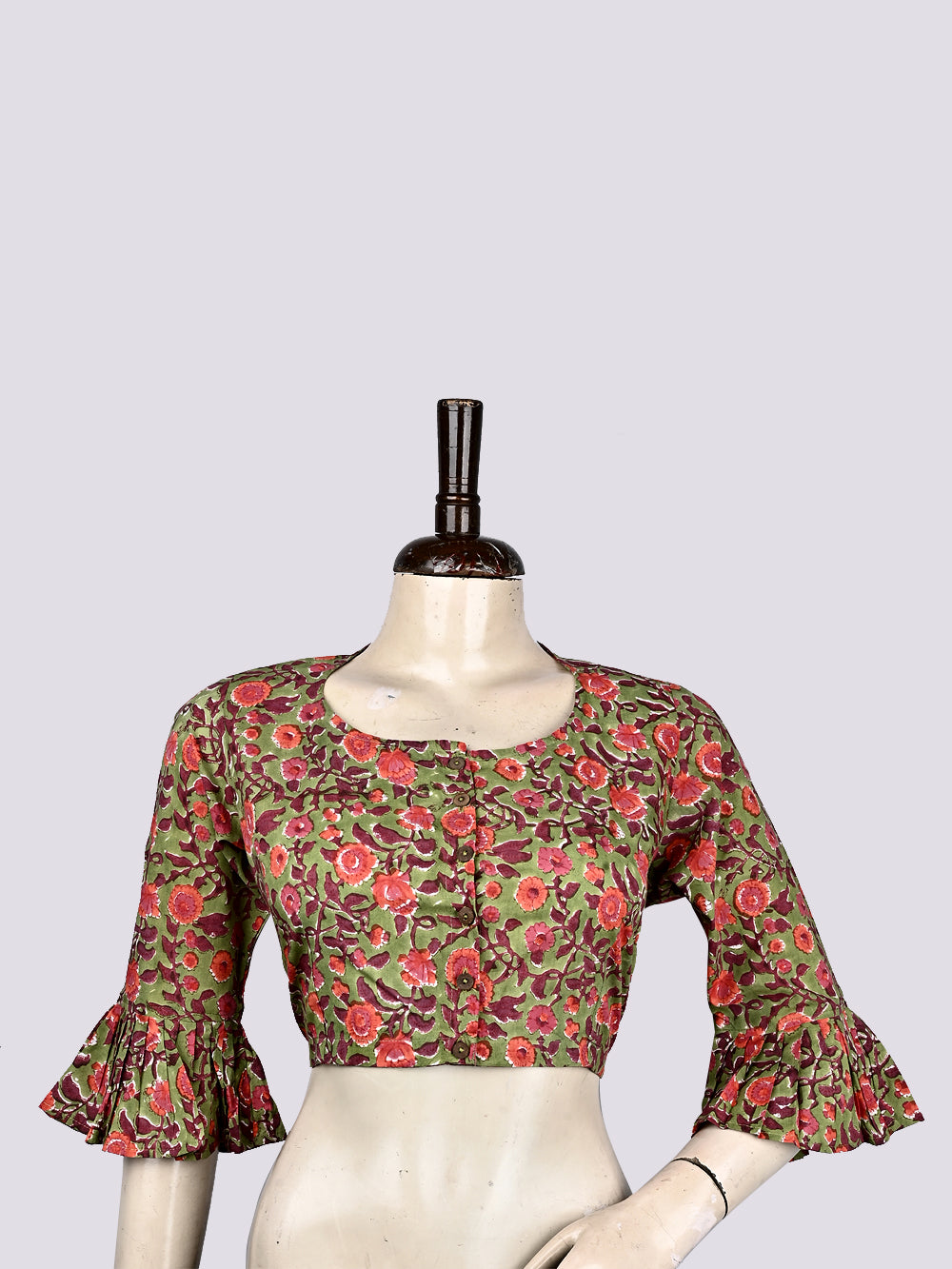Sanganeri Green Floral Jaal Hand Block Printed Cotton Blouse