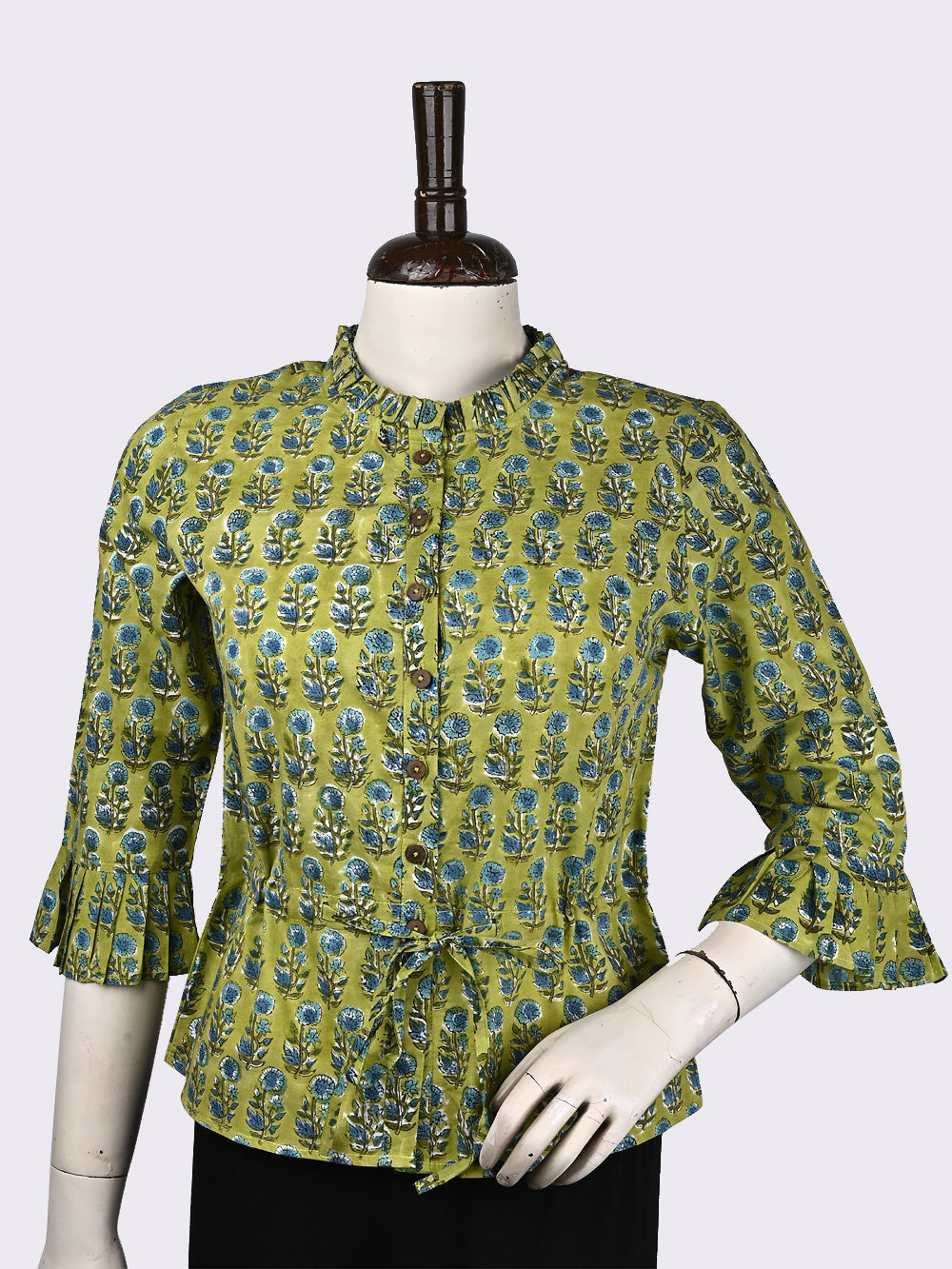 Greenery Blue Booti Hand Block Printed Cotton Long Blouse