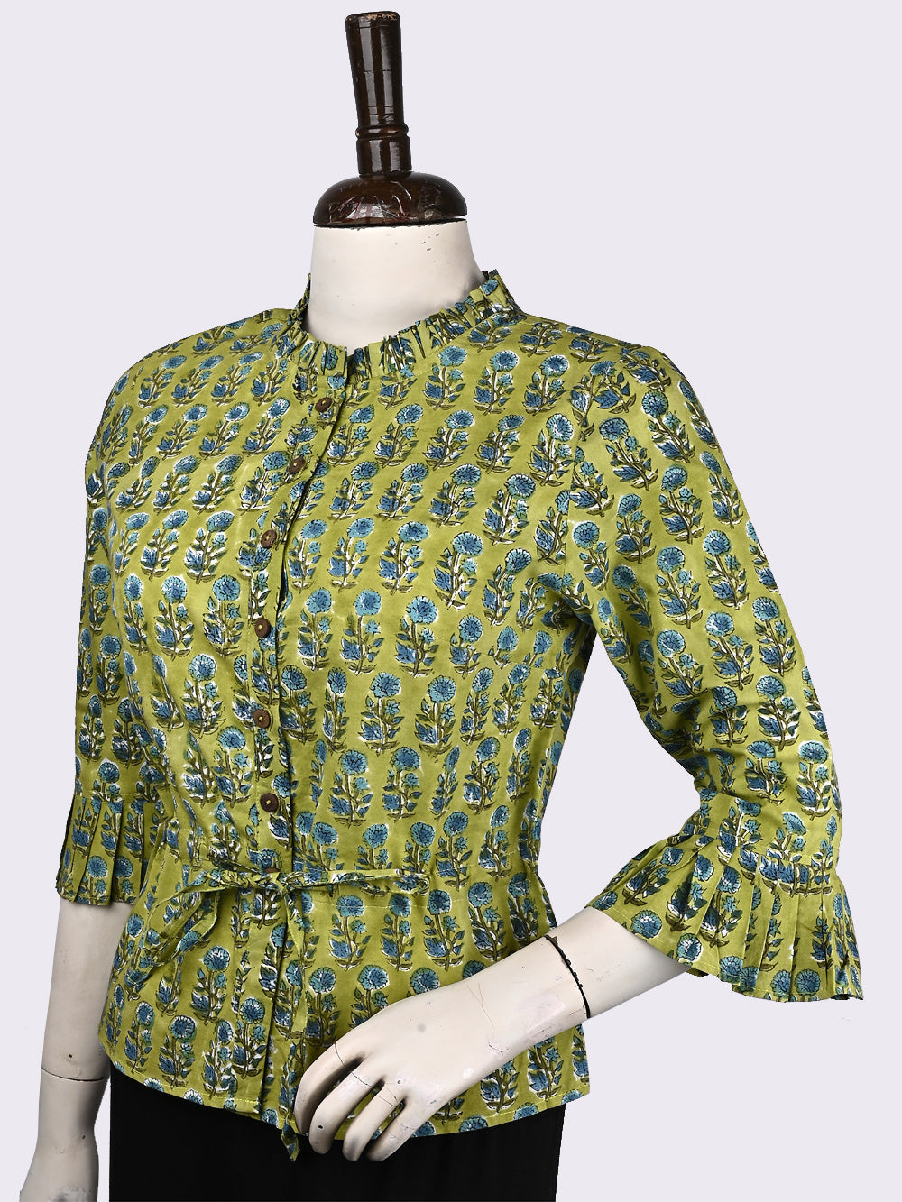 Greenery Blue Booti Hand Block Printed Cotton Long Blouse