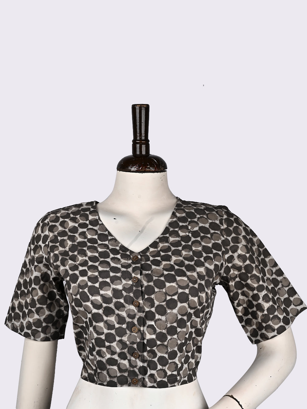 Daboo Grey Bindu V-neck Hand Block Printed Cotton Blouse