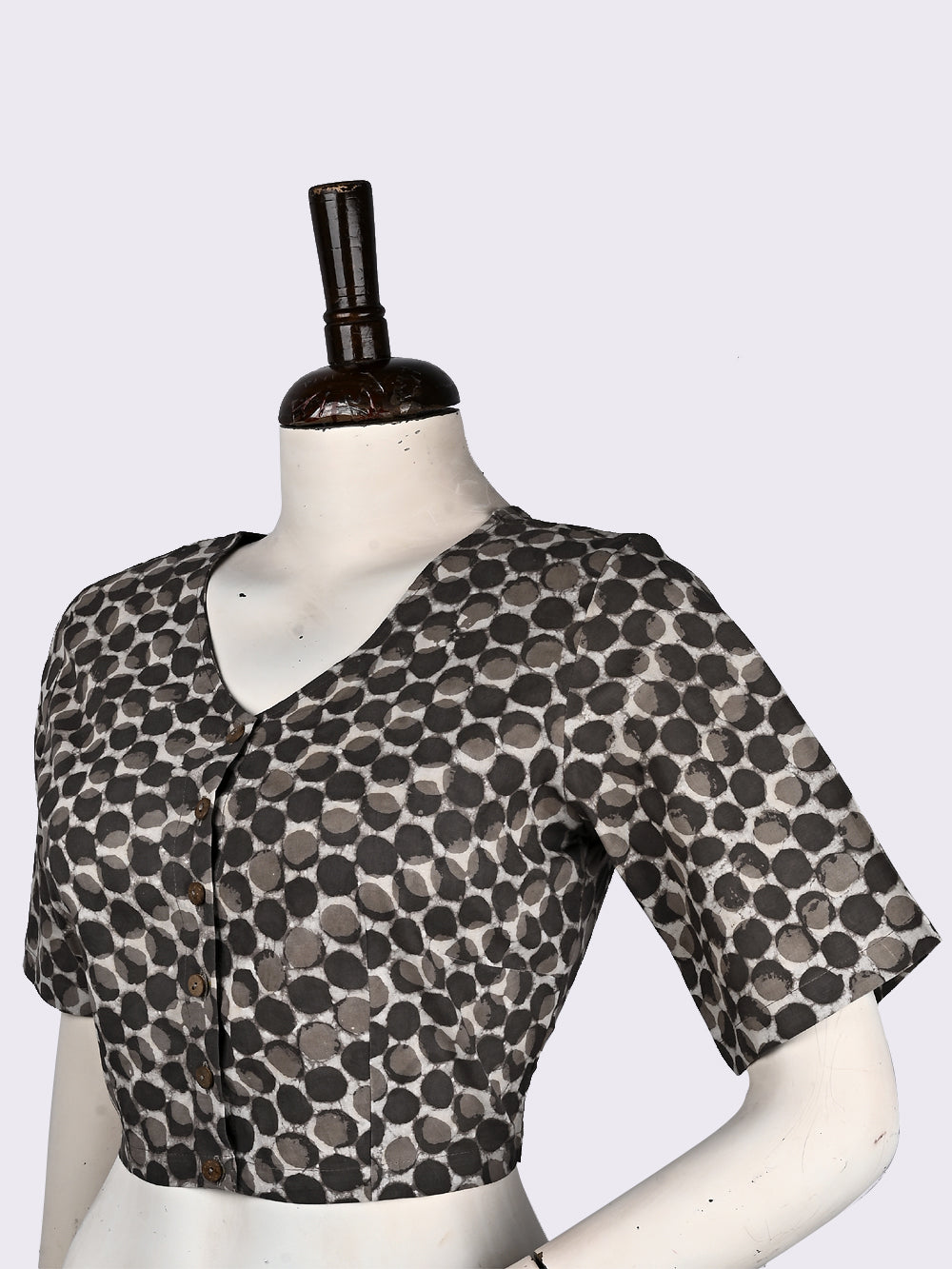 Daboo Grey Bindu V-neck Hand Block Printed Cotton Blouse