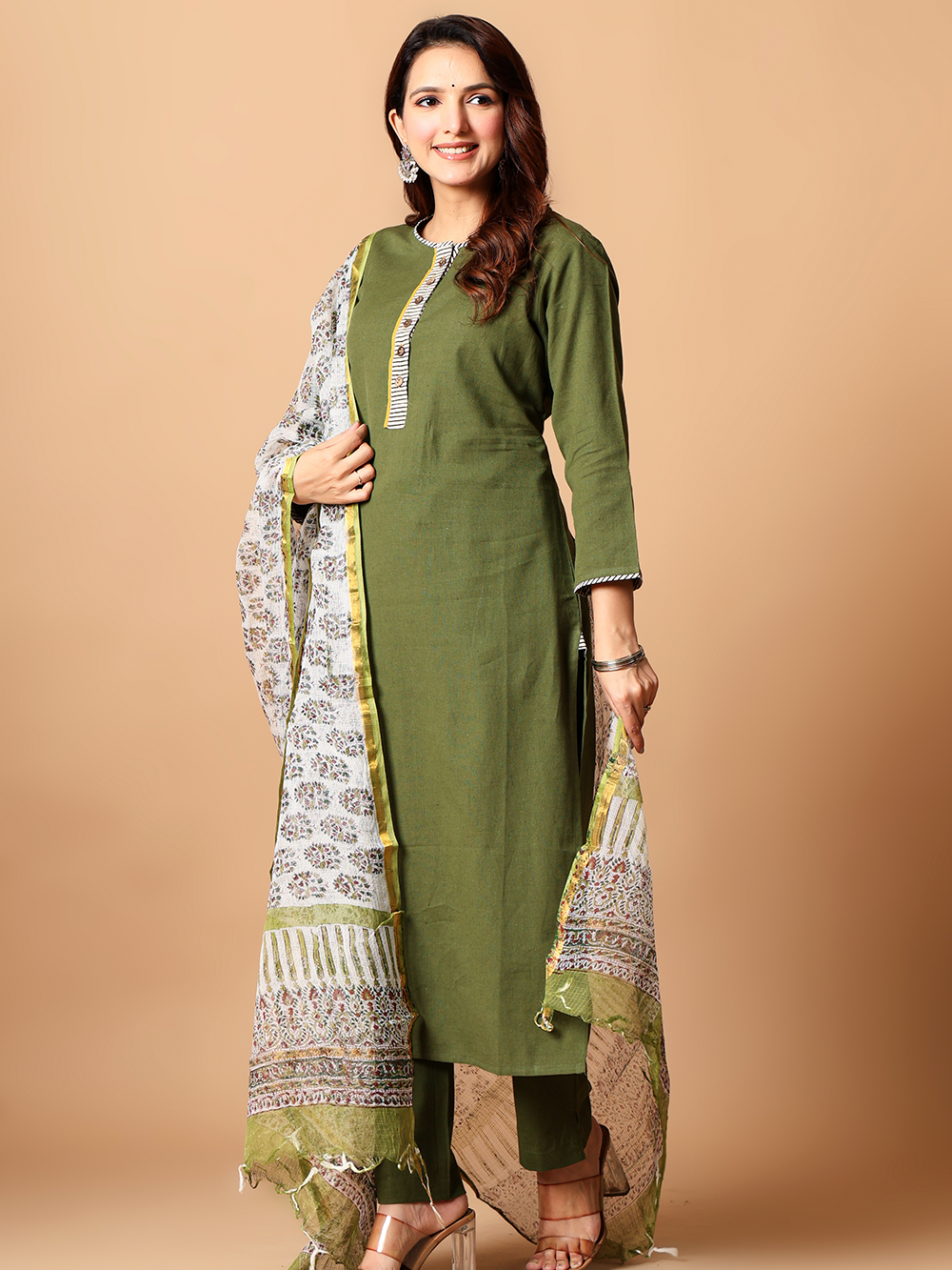 Henna Green Cotton flax Rozaana Kurta
